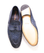 $1,080 SANTONI - Blue Hand Antiqued Woven Leather Penny Loafers- 9 US (8 UK)