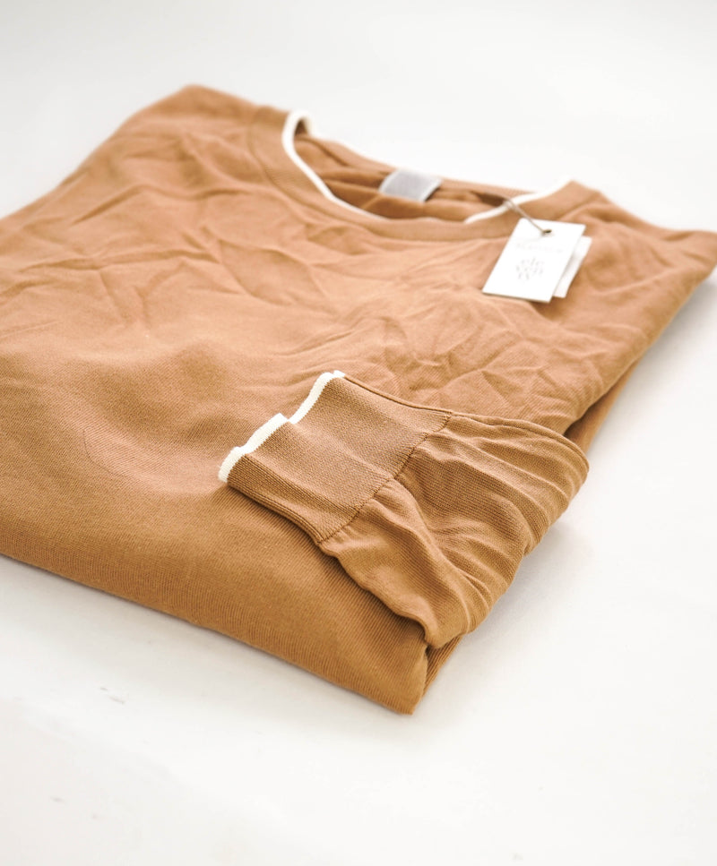 $795 ELEVENTY - *COTTON* Camel Ivory Tipped Crewneck Sweater - XL