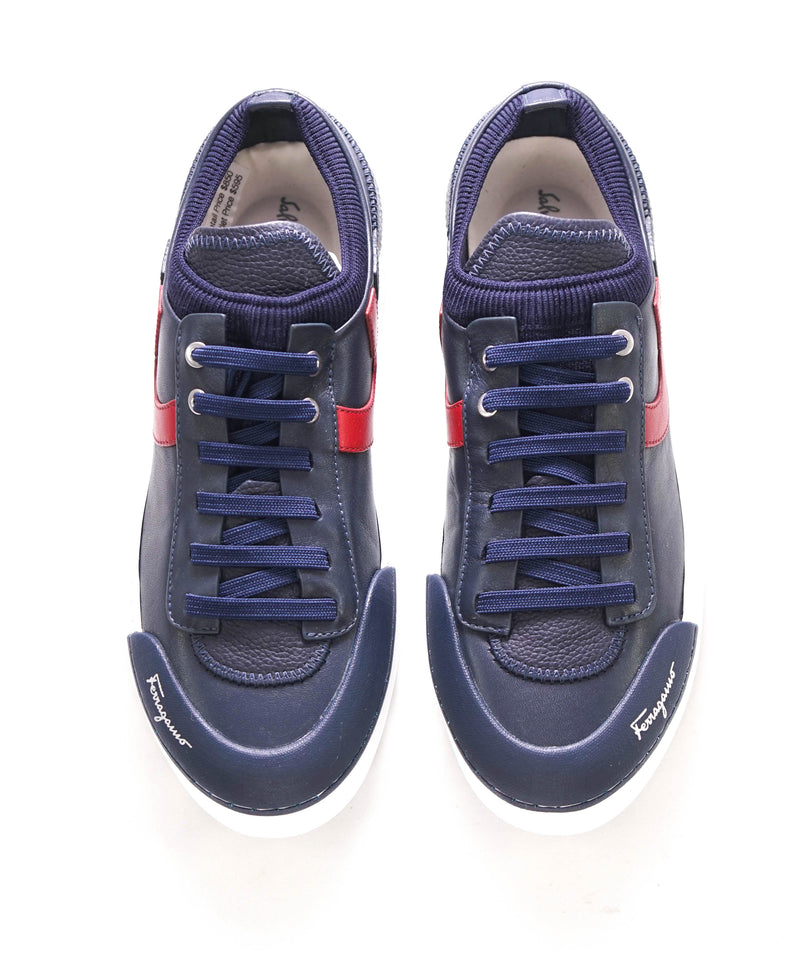 $850 SALVATORE FERRAGAMO - *GANCINI* Navy/Red Leather Sneaker - 7.5 US