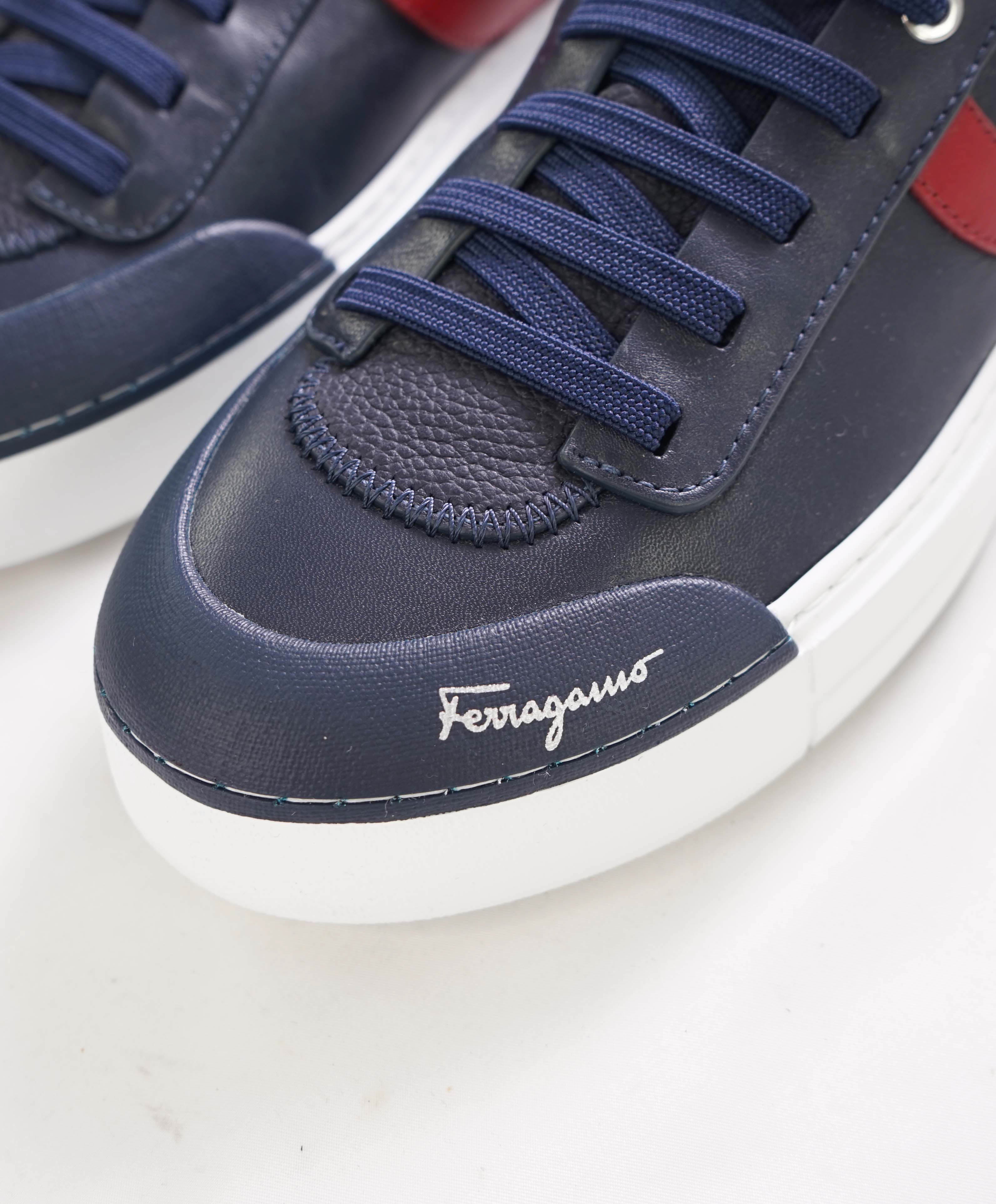 $850 SALVATORE FERRAGAMO - *GANCINI* Navy/Red Leather Sneaker - 7.5 US