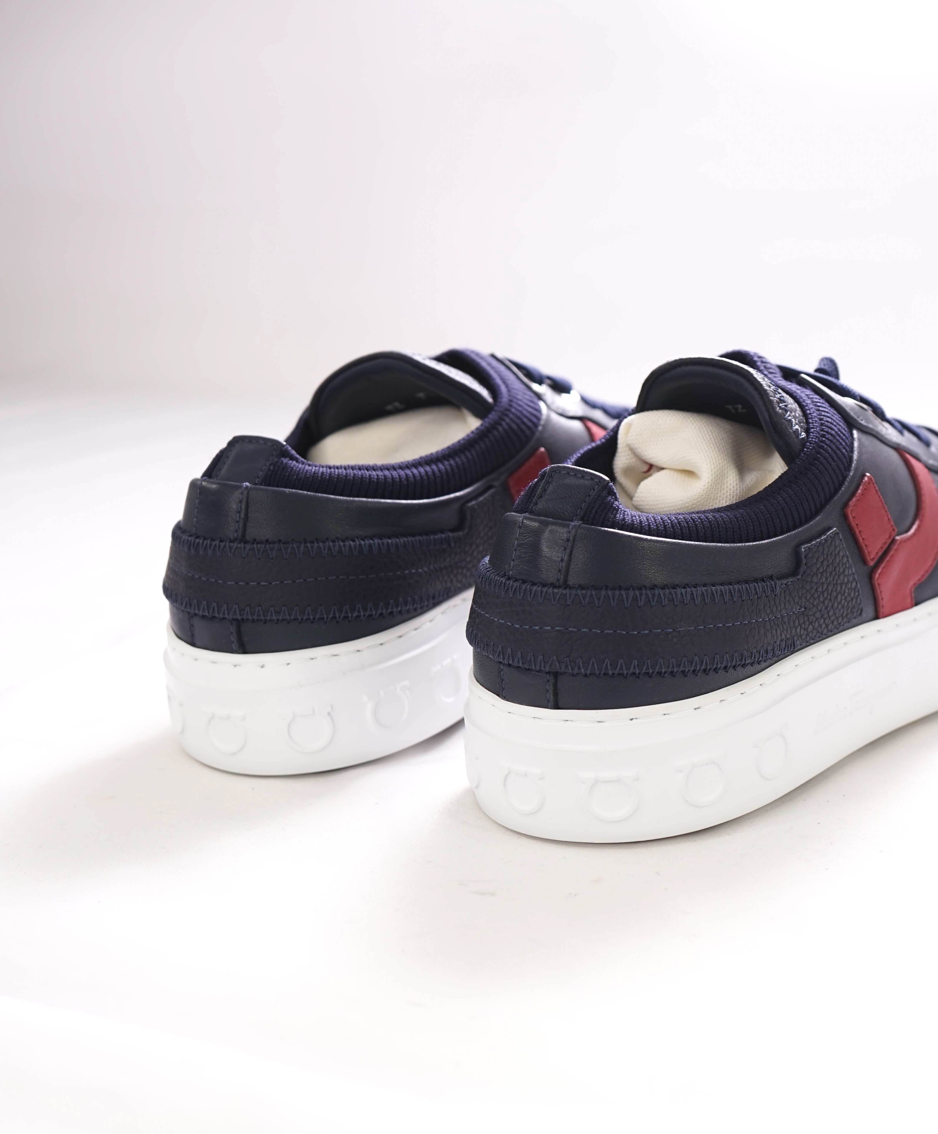 $850 SALVATORE FERRAGAMO - *GANCINI* Navy/Red Leather Sneaker - 7.5 US