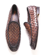 $1,080 SANTONI - Brown Hand Antiqued Woven Leather Loafers- 9 US (8 UK)