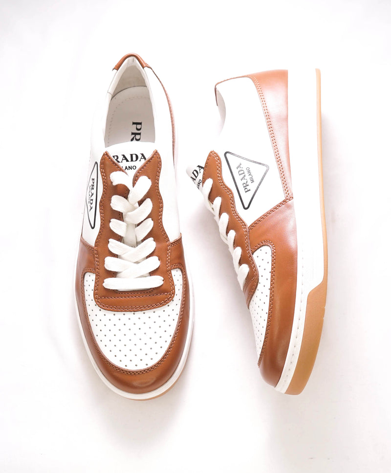 $1,100 PRADA - "DOWNTOWN" White/Camel Leather Sneakers With Logo Detail - 10 US (9 IT)