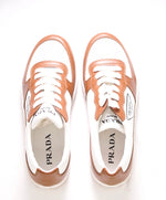 $1,100 PRADA - "DOWNTOWN" White/Camel Leather Sneakers With Logo Detail - 10 US (9 IT)