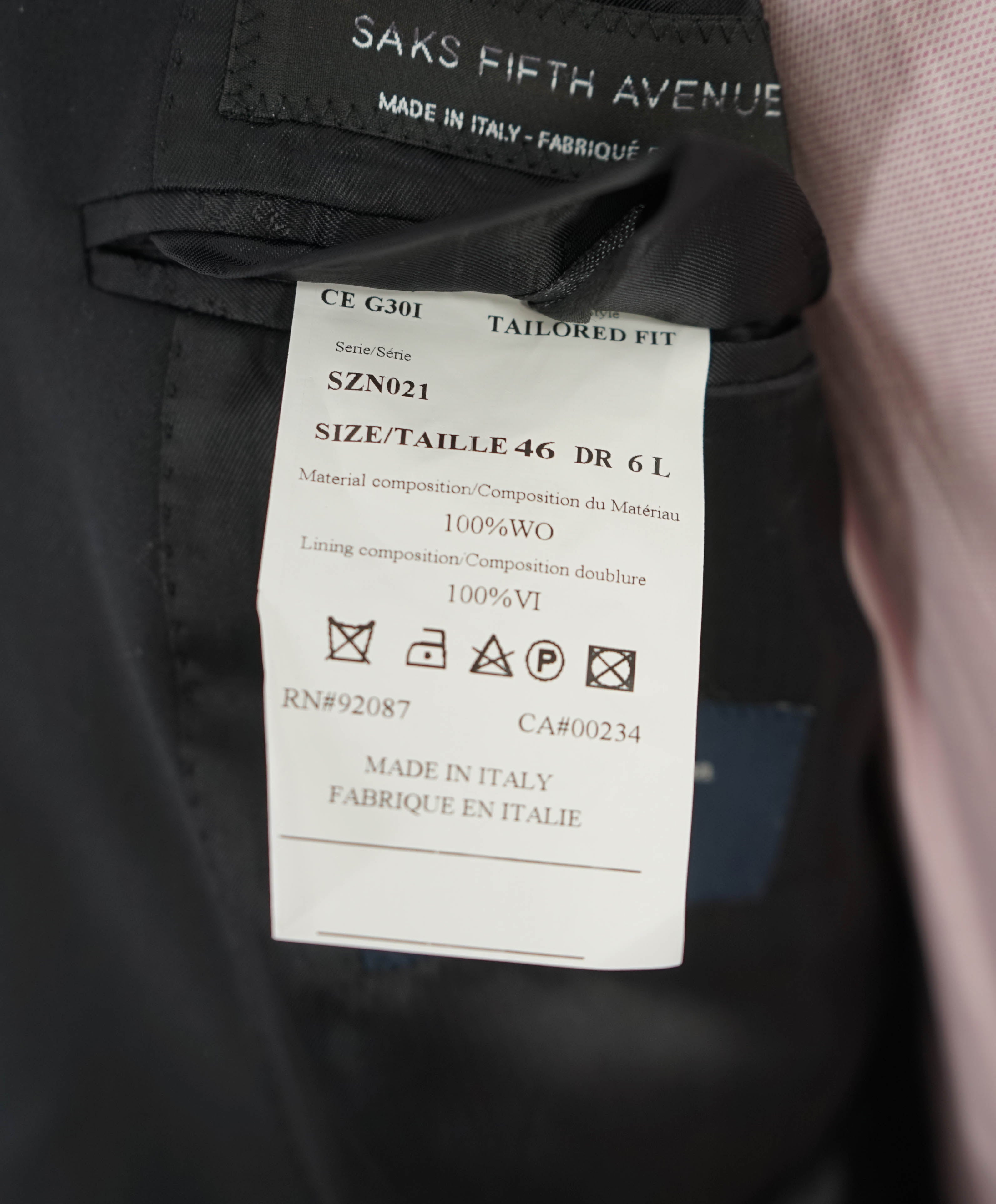 ERMENEGILDO ZEGNA - "Microsnsphere" By SAKS FIFTH AVENUE Black Suit - 46L