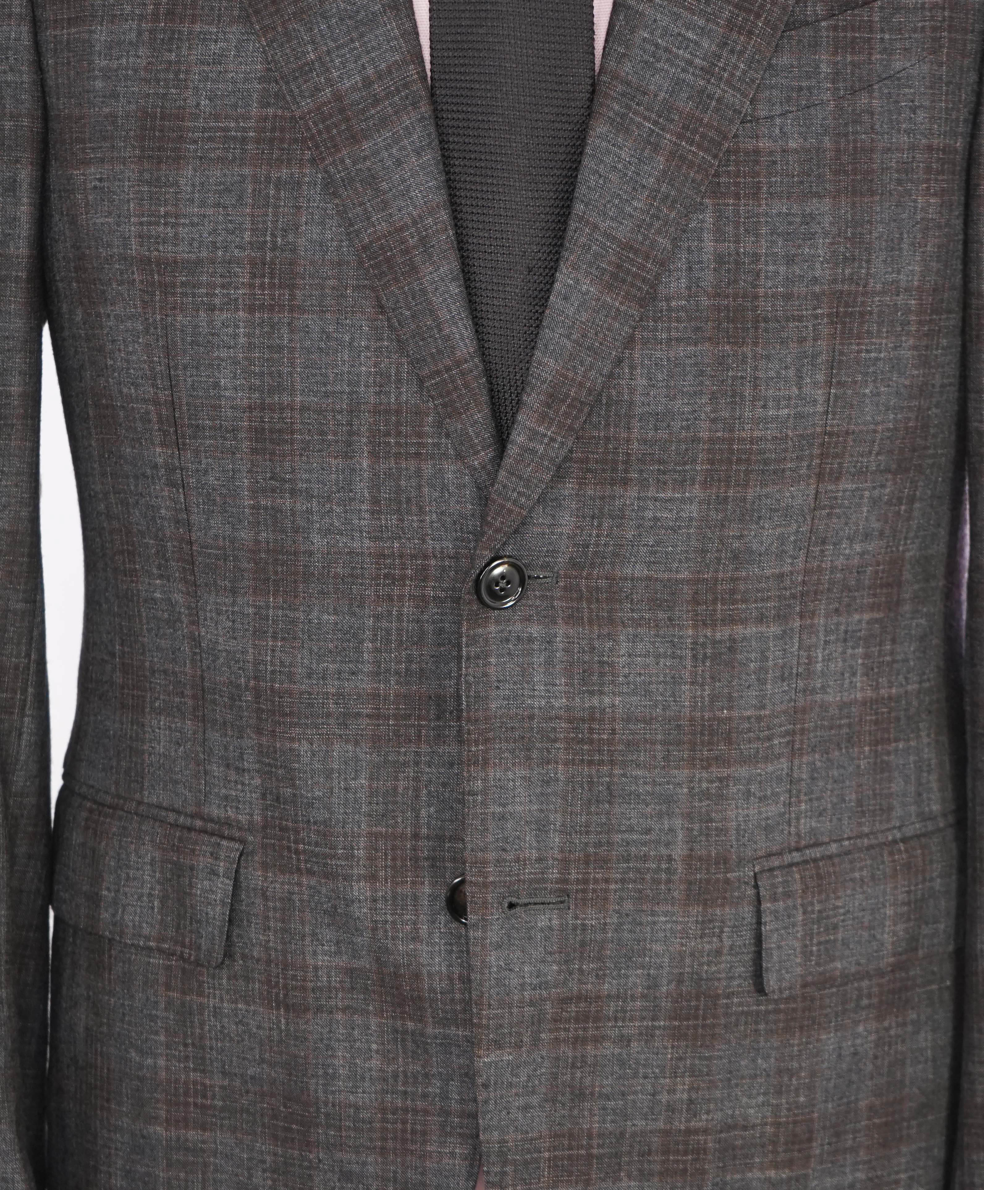 $4,690 ERMENEGILDO ZEGNA - Wool/Silk SLIM Gray & Brown Check Suit - 38R