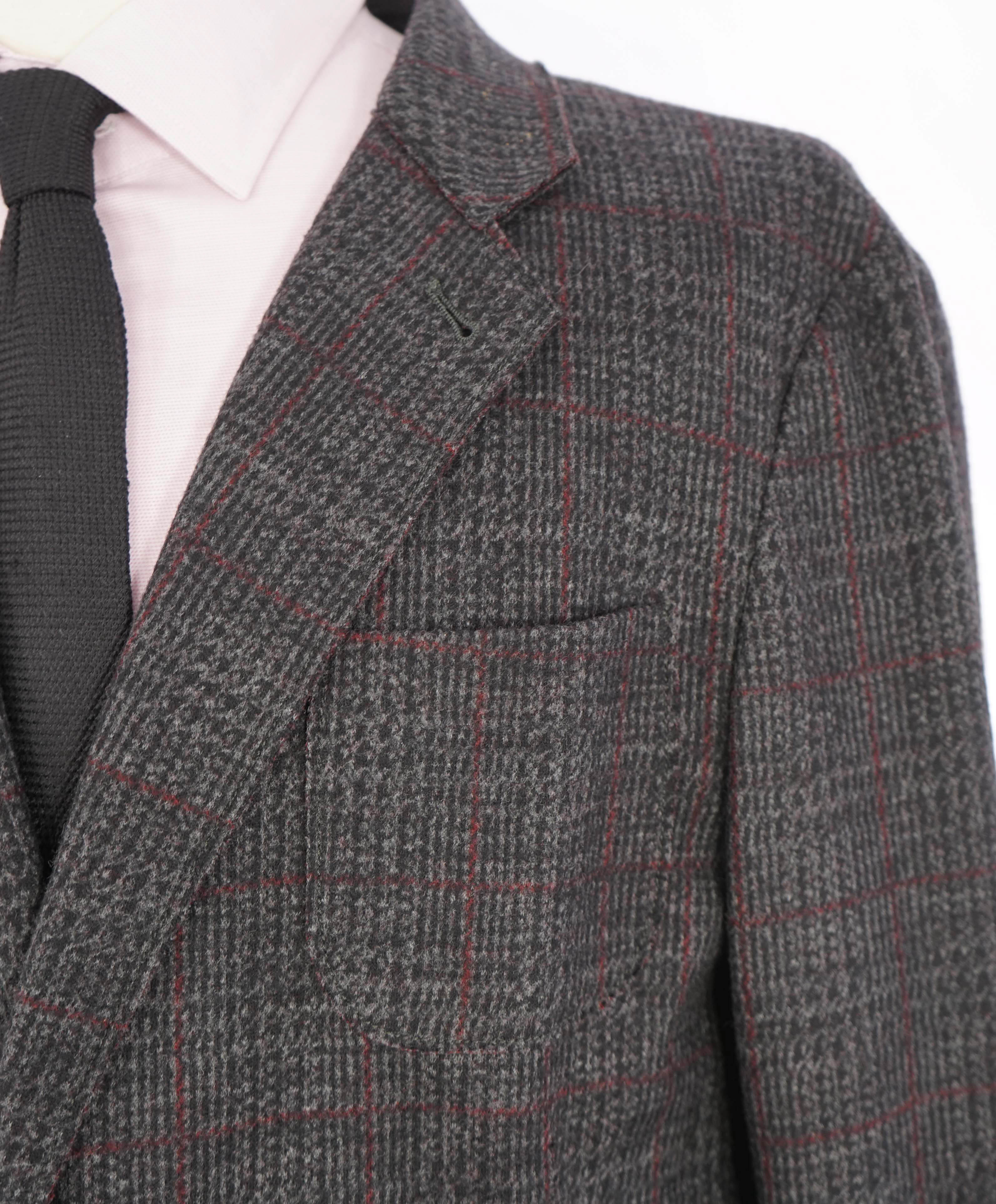 ARMANI COLLEZIONI - Unlined Burgundy & Gray Check Sweater Blazer - 44R