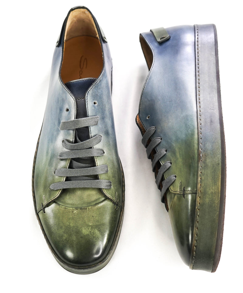$1,295 SANTONI -  Green/Blue Hand Patina Full Leather Sneaker - 13 (12 IT)