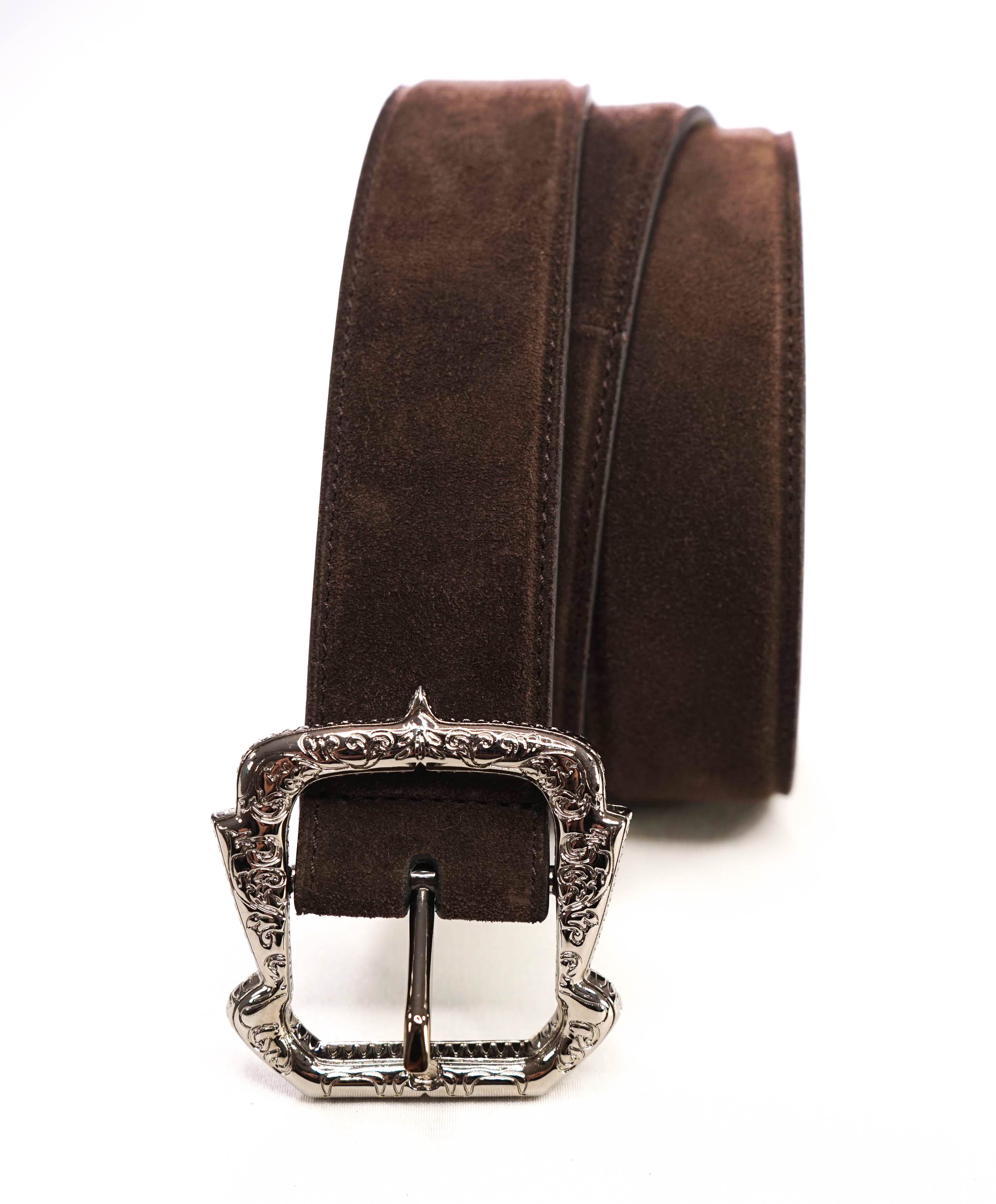 $1,100 BRIONI - Brown Suede Engraved Buckle Silver Leather Belt - 40W (100cm)