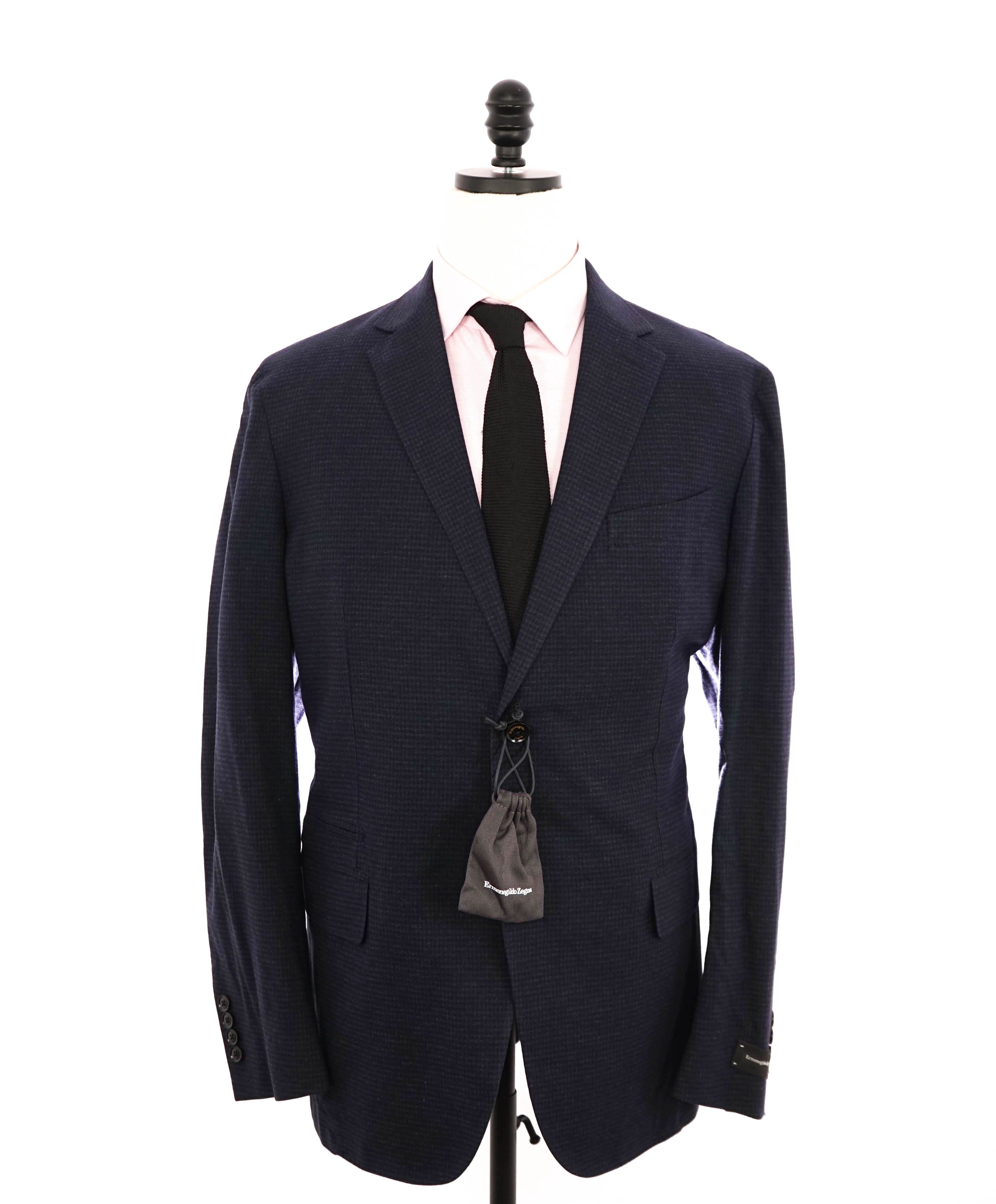 $3,250 ERMENEGILDO ZEGNA - PURE SILK Navy Check LEATHER Trim Blazer  - 46R