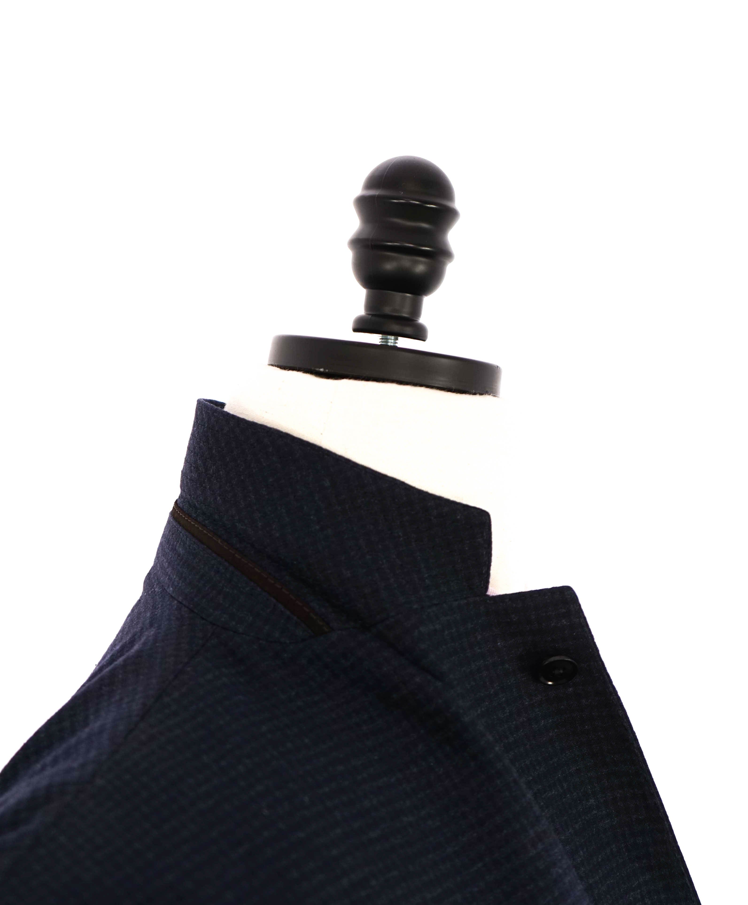 $3,250 ERMENEGILDO ZEGNA - PURE SILK Navy Check LEATHER Trim Blazer  - 46R