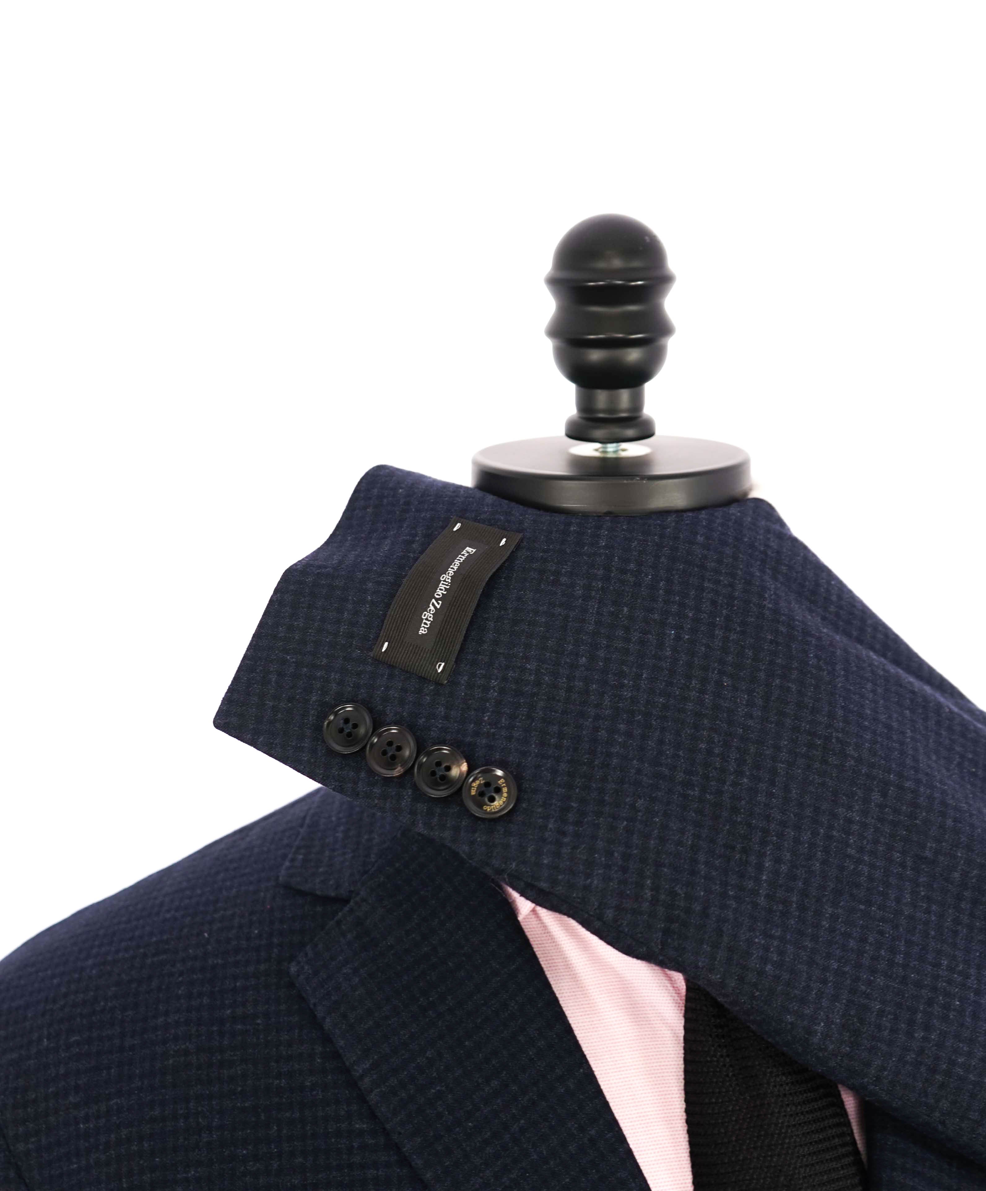 $3,250 ERMENEGILDO ZEGNA - PURE SILK Navy Check LEATHER Trim Blazer  - 46R