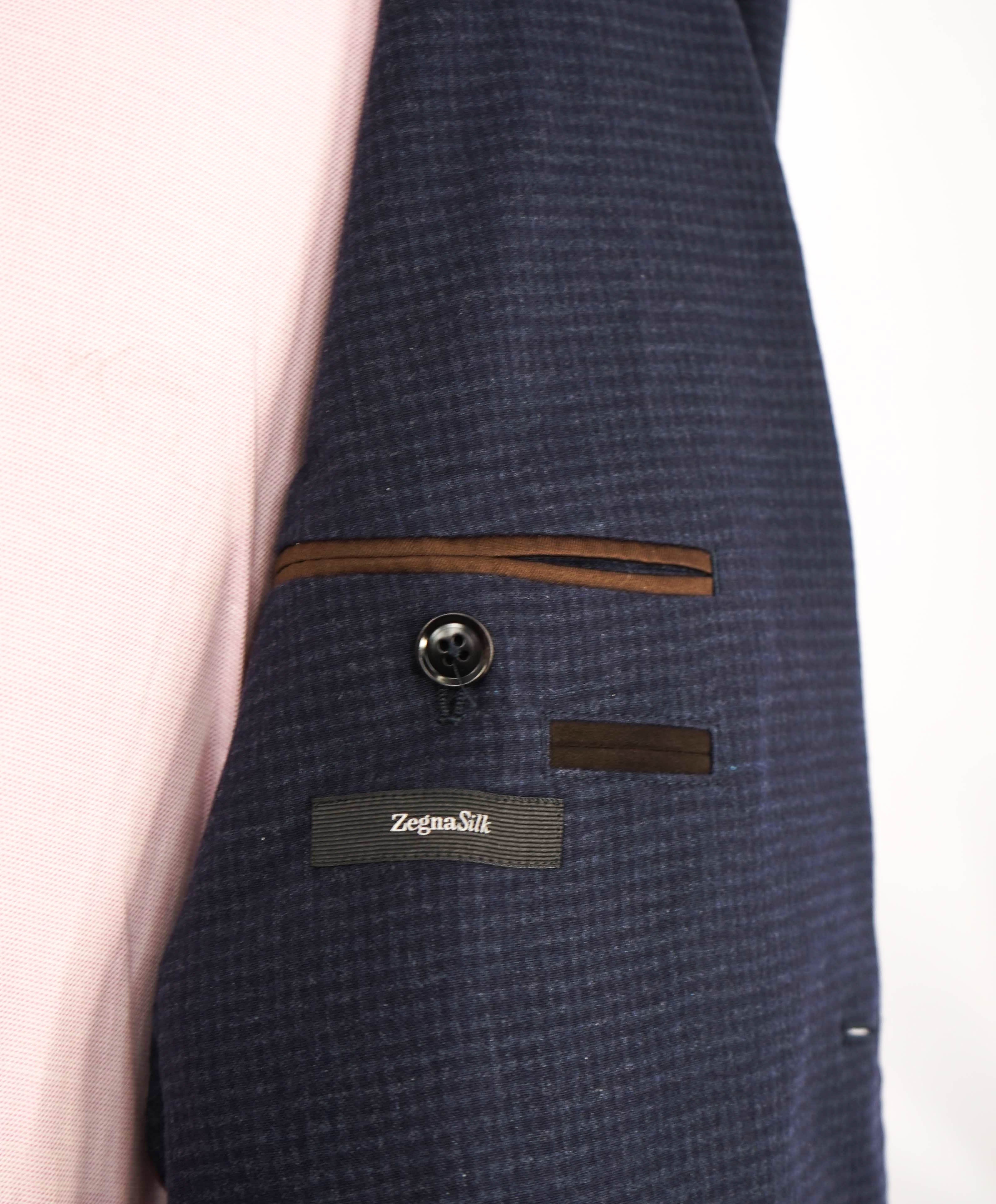 $3,250 ERMENEGILDO ZEGNA - PURE SILK Navy Check LEATHER Trim Blazer  - 46R