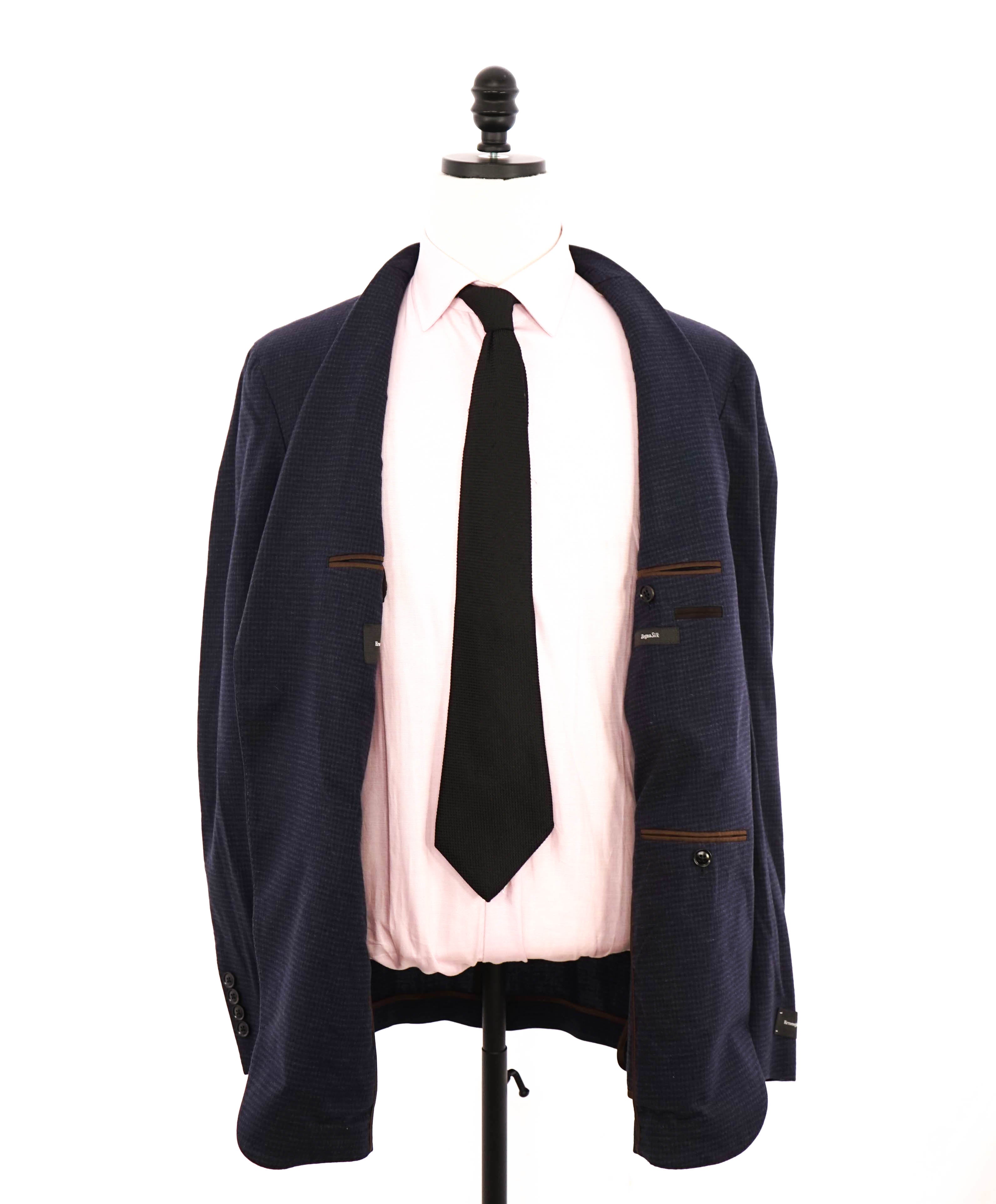 $3,250 ERMENEGILDO ZEGNA - PURE SILK Navy Check LEATHER Trim Blazer  - 46R