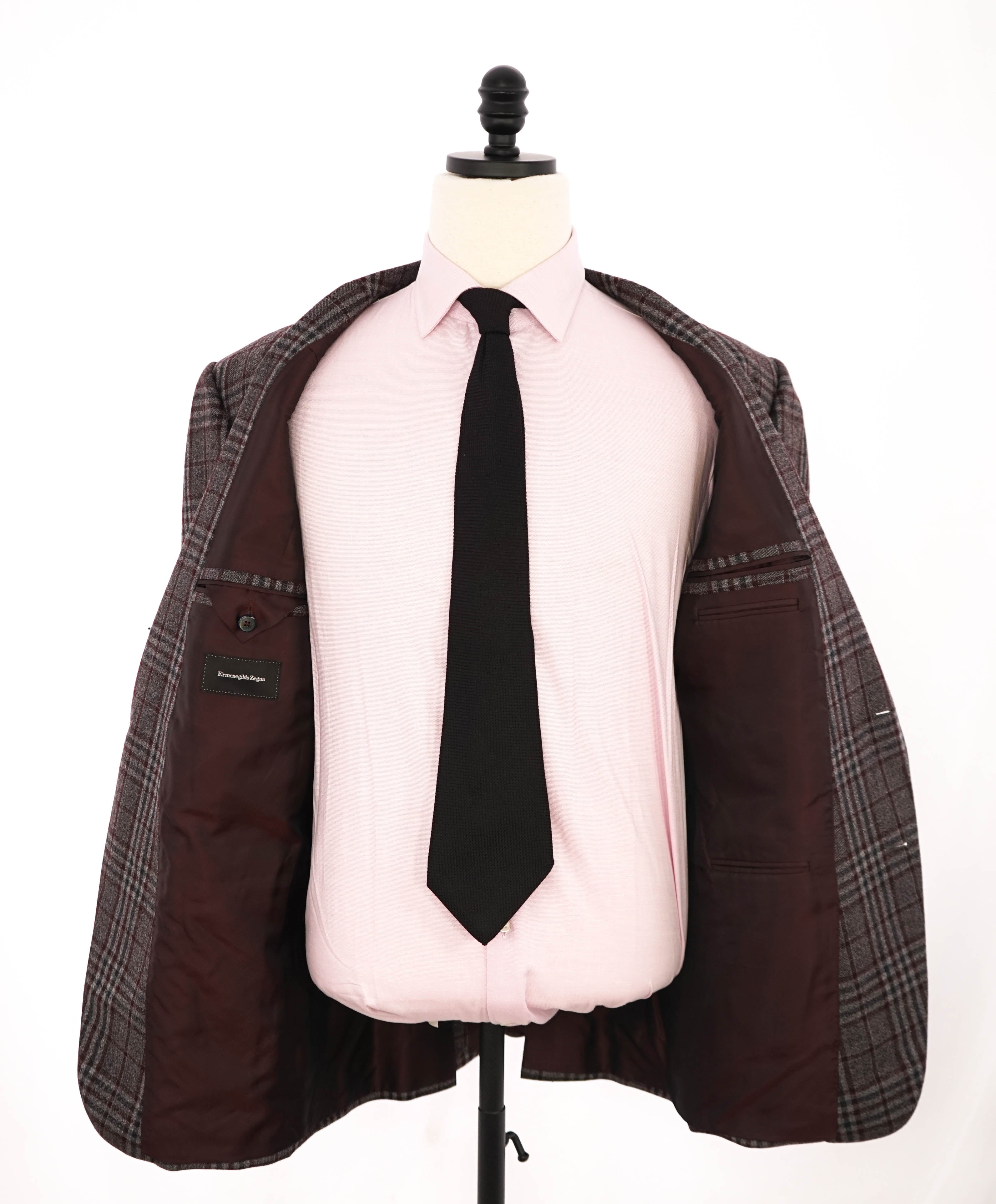 $3,290 ERMENEGILDO ZEGNA- Burgundy Gray Blue Check Plaid Blazer- 48R