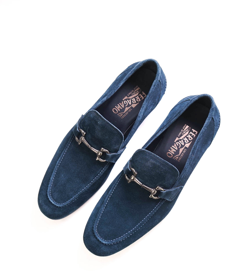 $850 SALVATORE FERRAGAMO - *TAPAS* Blue Suede Gancini Bit Loafer - 9.5 US