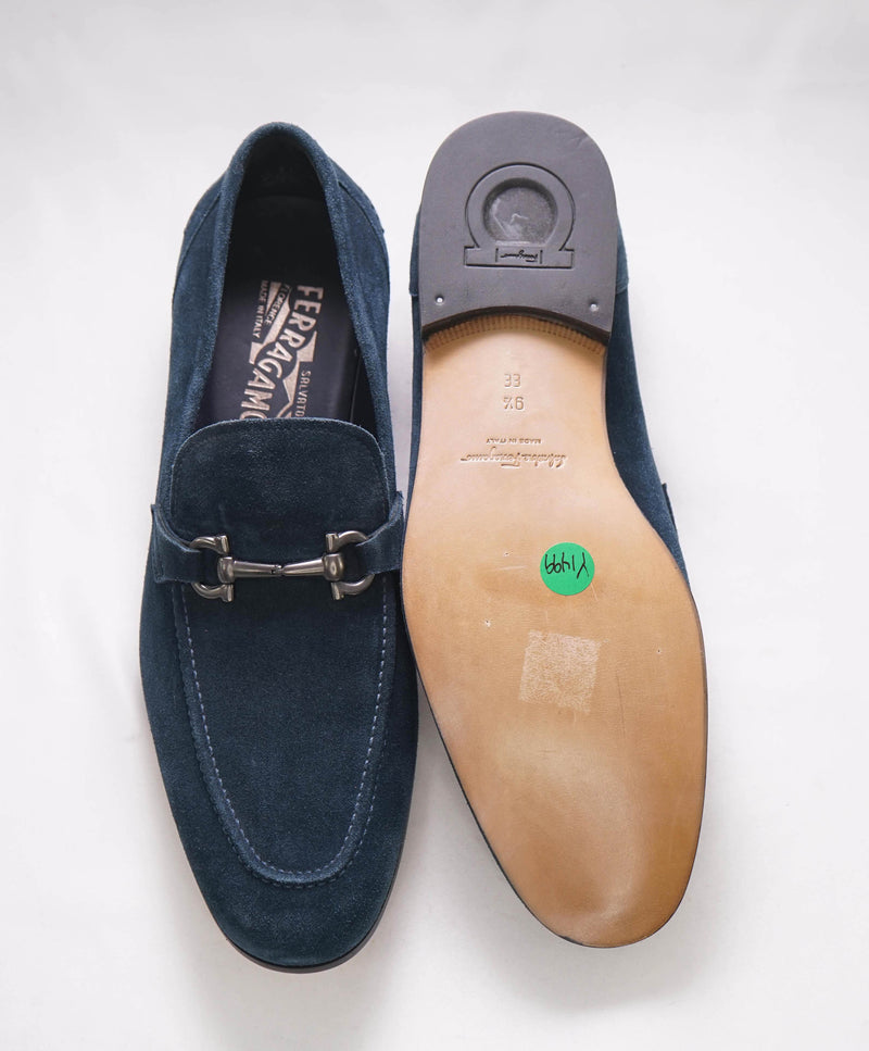 $850 SALVATORE FERRAGAMO - *TAPAS* Blue Suede Gancini Bit Loafer - 9.5 US