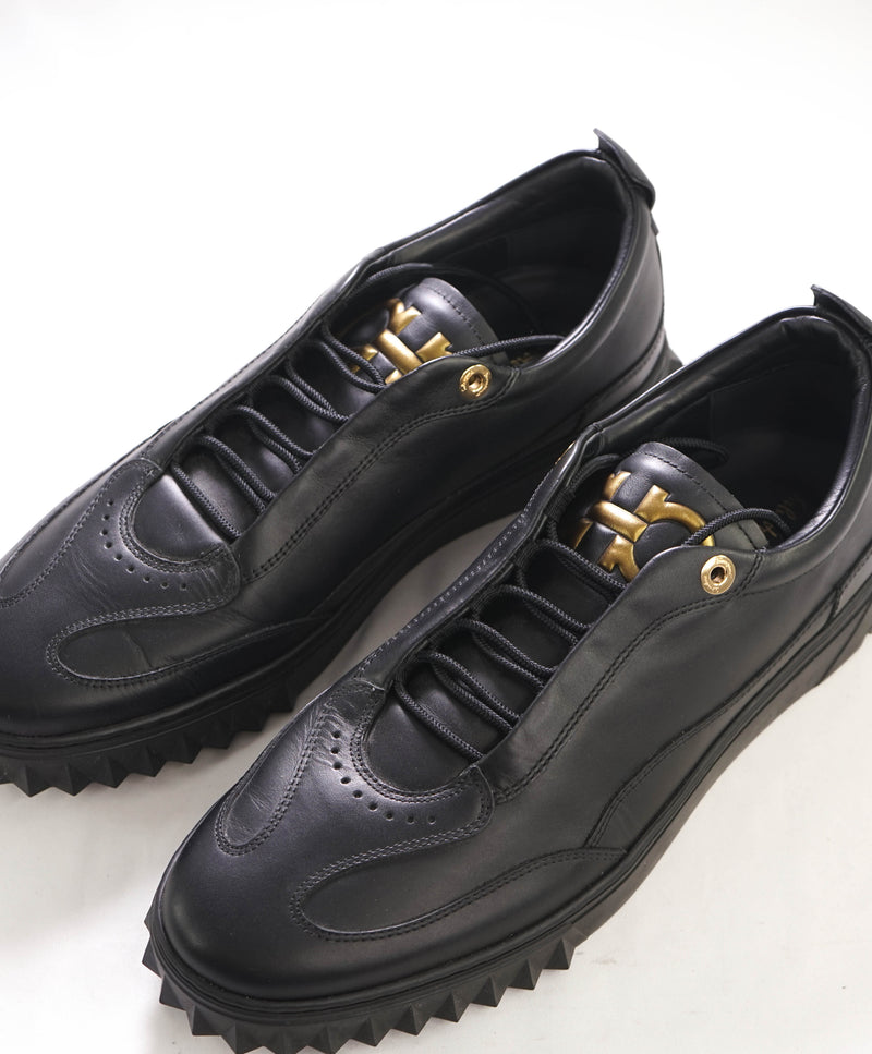 $750 SALVATORE FERRAGAMO - Black Gold Gancini Sneaker - 10 US