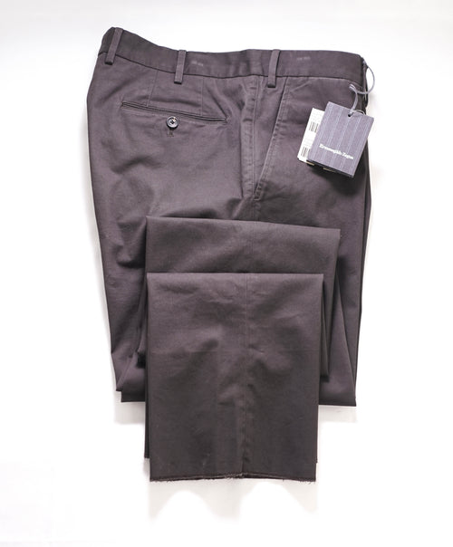 ERMENEGILDO ZEGNA - Charcoal/Brown Cotton/Elastane Chino Flat Front Pants - 34W