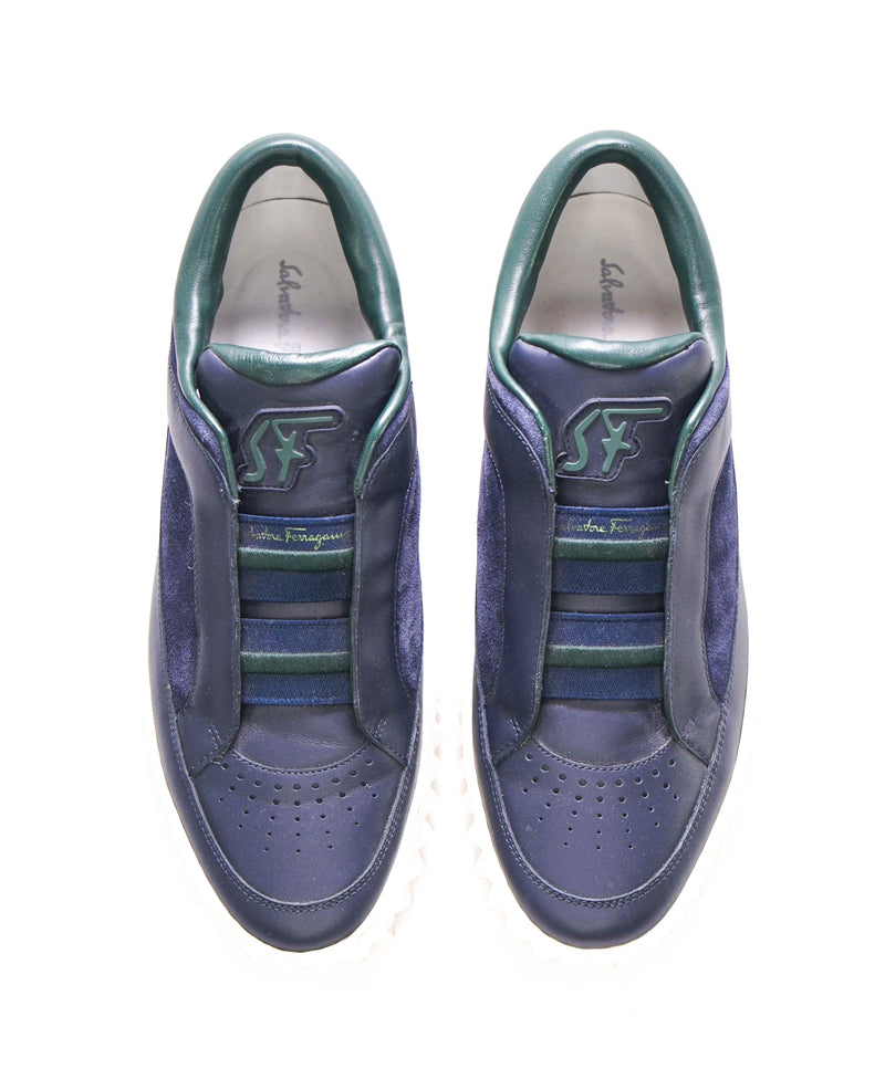 $750 SALVATORE FERRAGAMO - *PHILIP 2* Rhinoceros Sole Blue/Green Gancini Sneaker - 8 M