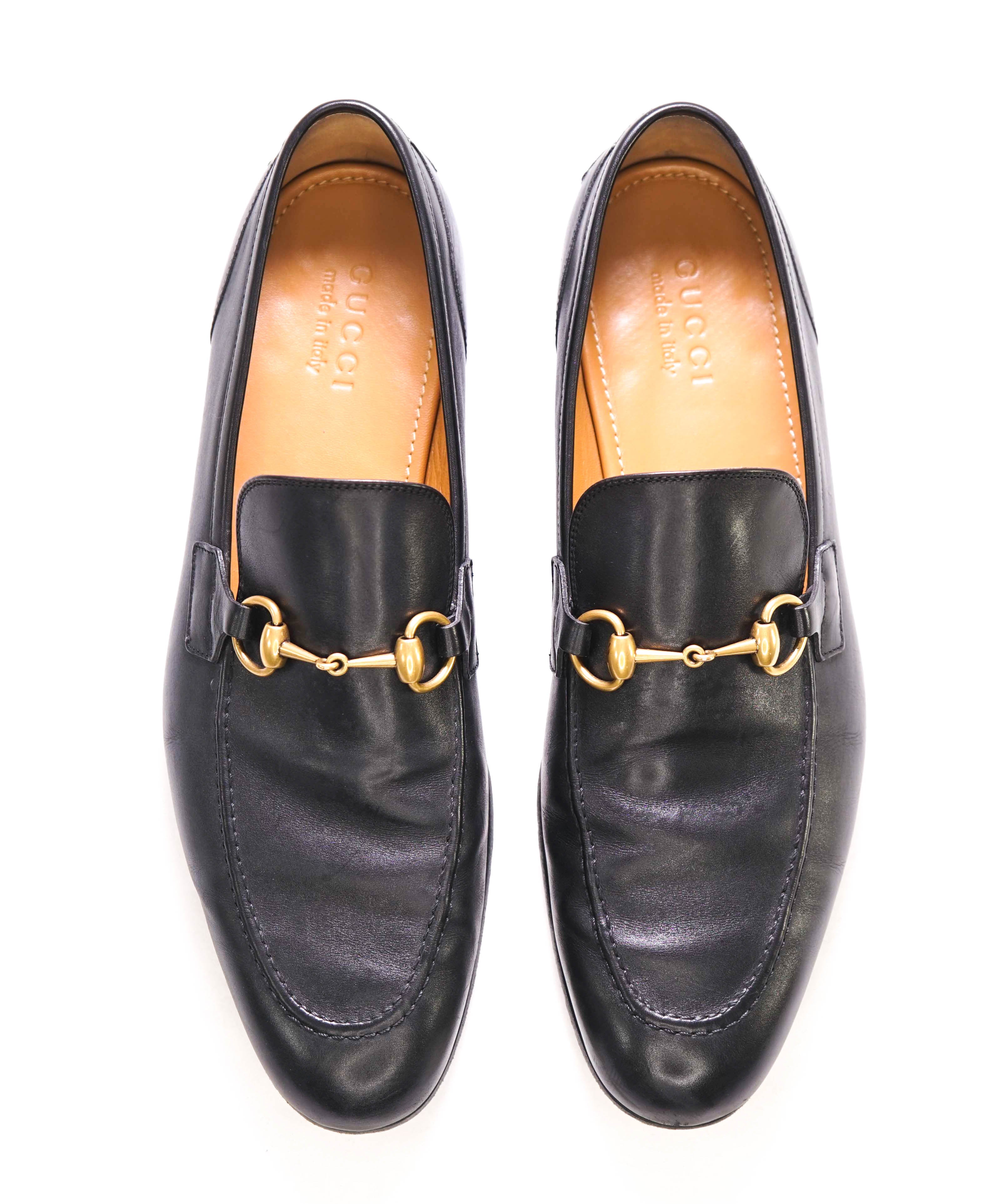 $920 GUCCI - "JORDAAN" Black/Gold ICONIC Horsebit Leather Loafers - 10.5US (10G)