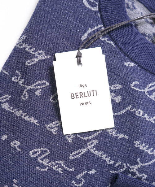 $1,195 BERLUTI PARIS- "SCRITTO" Wool Iconic Pullover Navy Sweater - XS