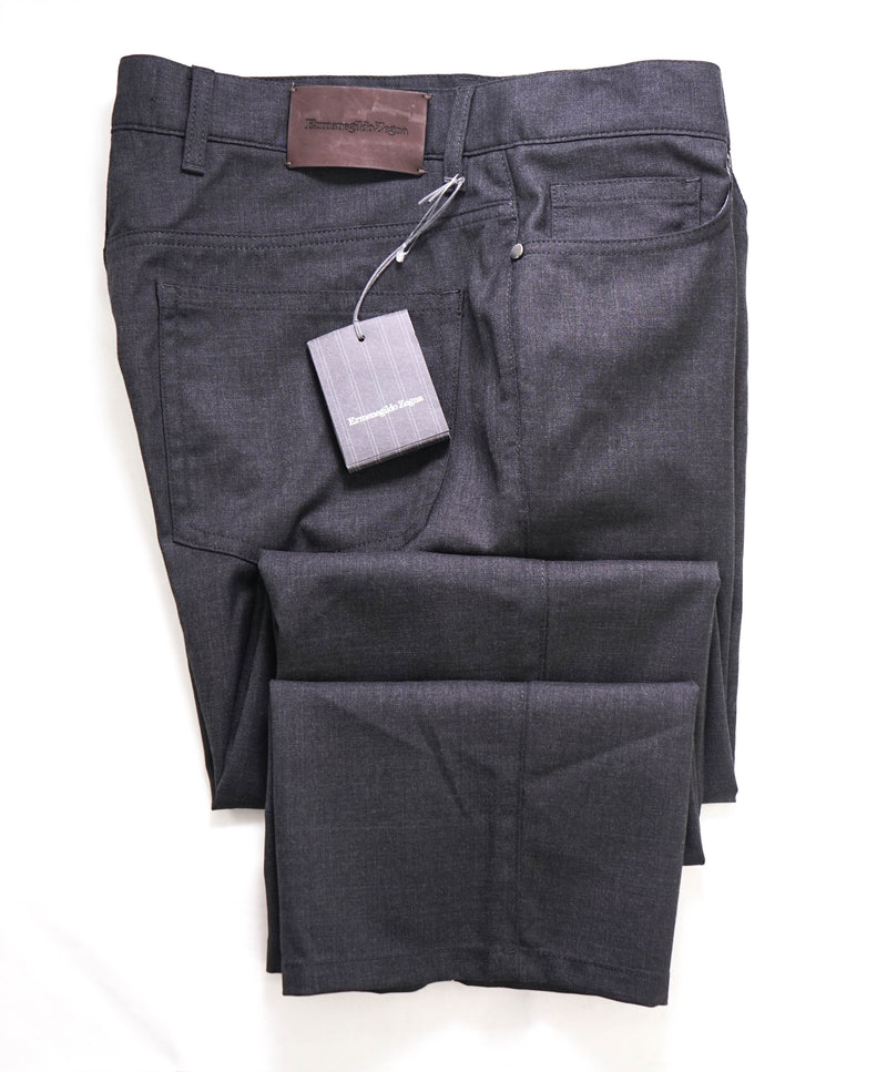ERMENEGILDO ZEGNA - Gray WOOL Leather Logo Tag 5-Pocket Pants- 36W