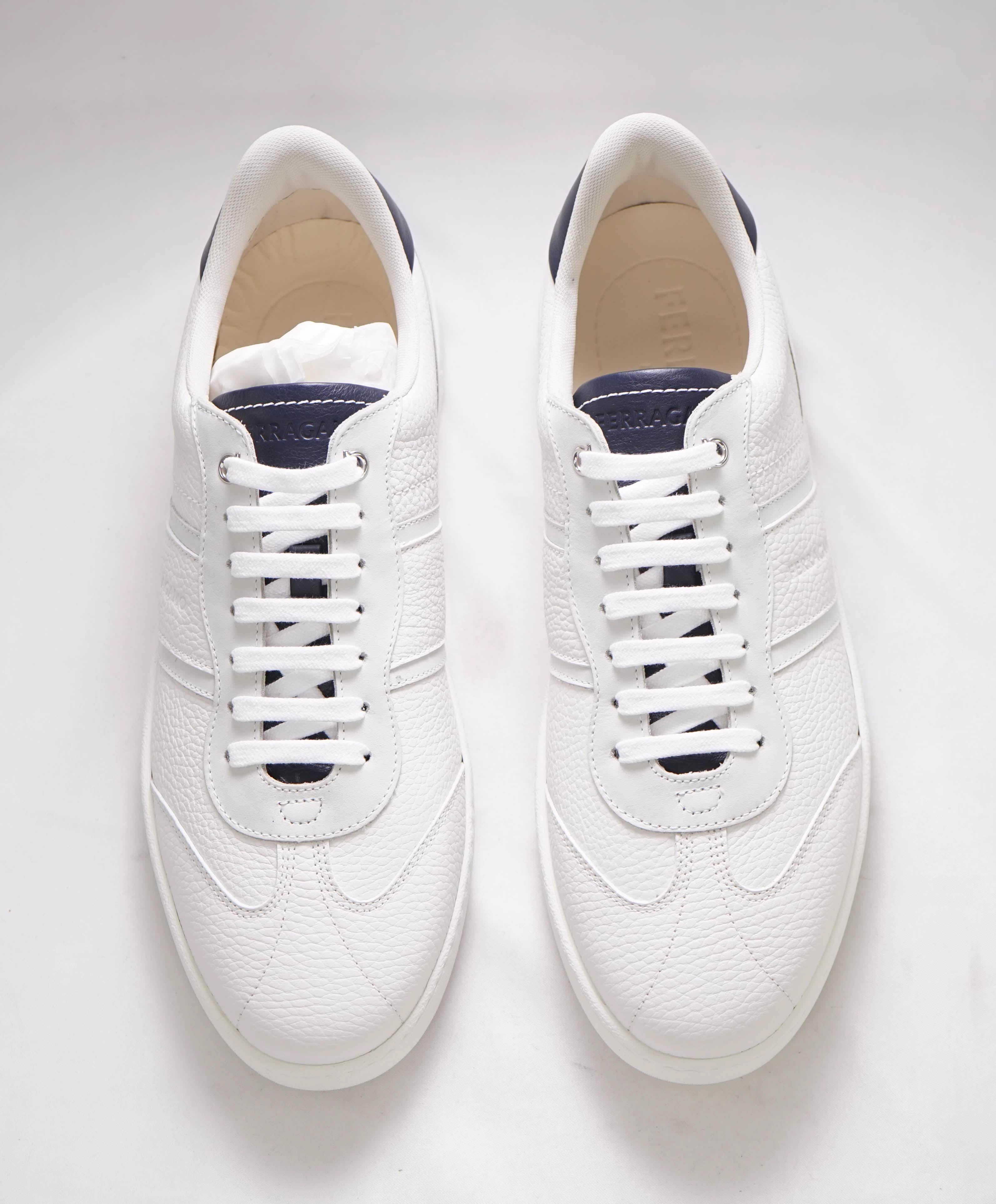 $750 SALVATORE FERRAGAMO - *ACHILLE 1* White/Navy Gancini Sneaker - 10 M US