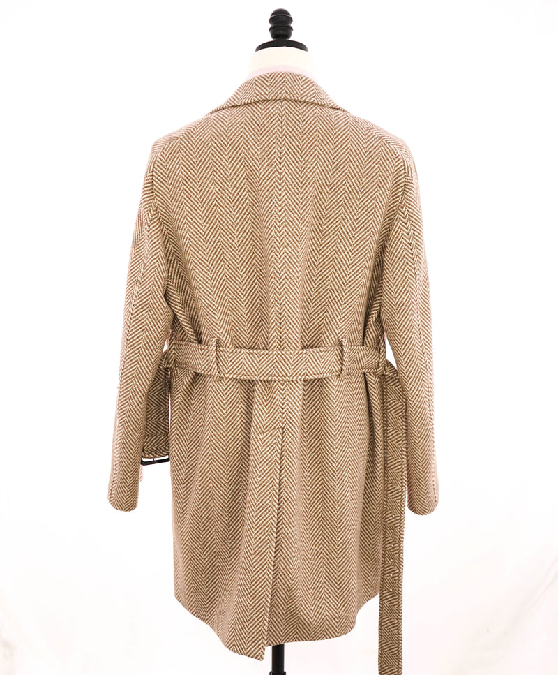 $2,895 ELEVENTY - Wool/CASHMERE Herringbone Camel Belted Coat- 40 (50EU)