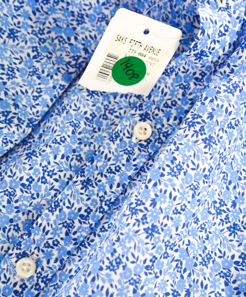$625 ISAIA - LINEN Blend Blue Spread Collar FLORAL Dress Shirt "LOGO" - 15.5 39