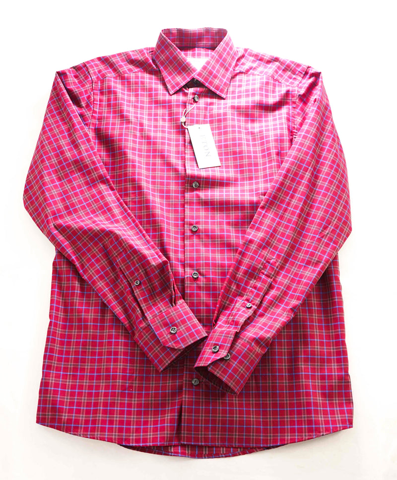 $295 ETON - Pink Check "Contemporary" Spread Collar Button Down Shirt - 15 38