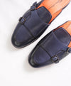 $850 SANTONI - Blue Leather DOUBLE MONK Soft Slip-On Loafers Mules Slides - 8.5 D US