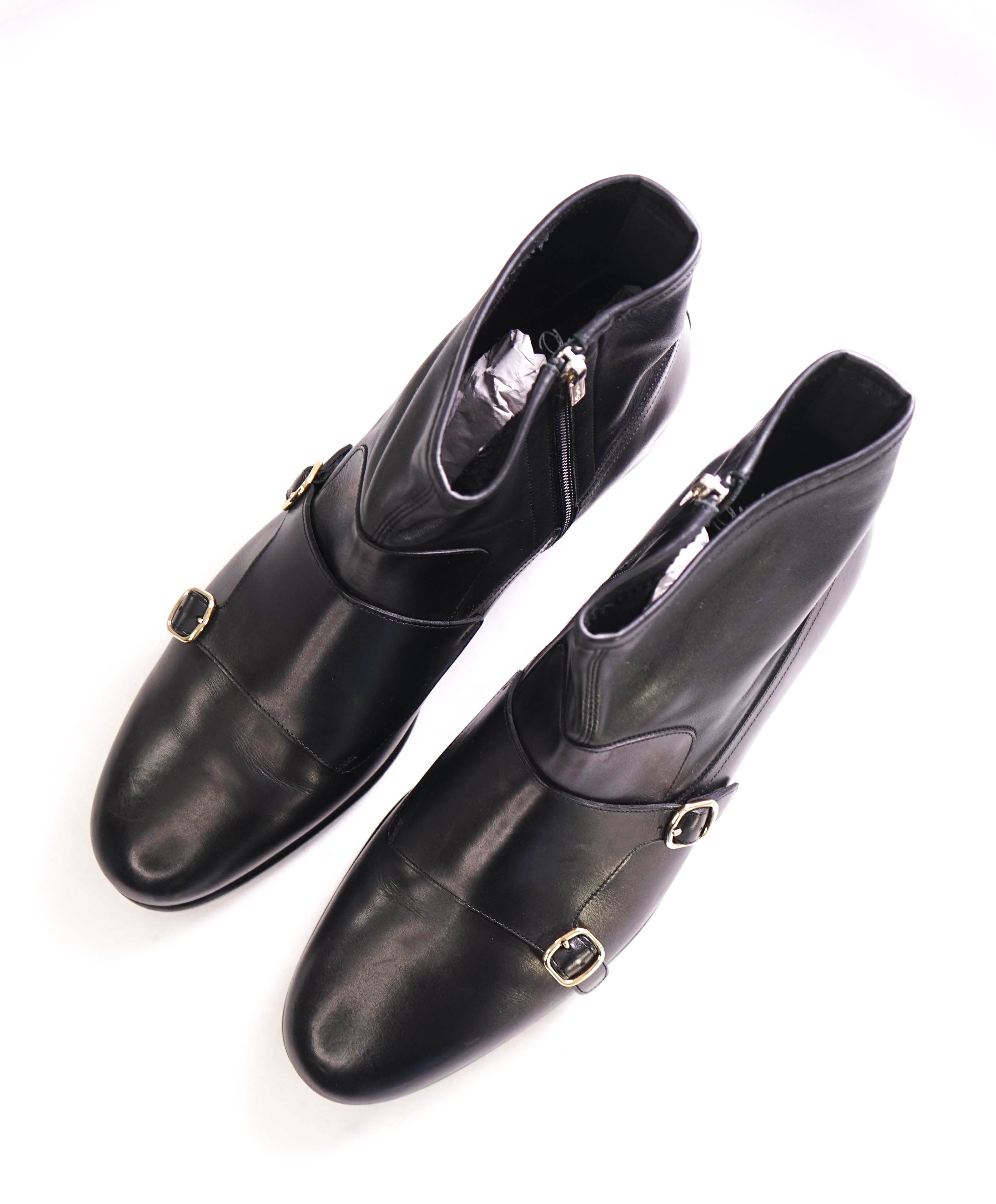 $1,295 SANTONI - Black Almond-Toe Double Monk Zip Boot - 12 US (11 SANTONI STAMPED)