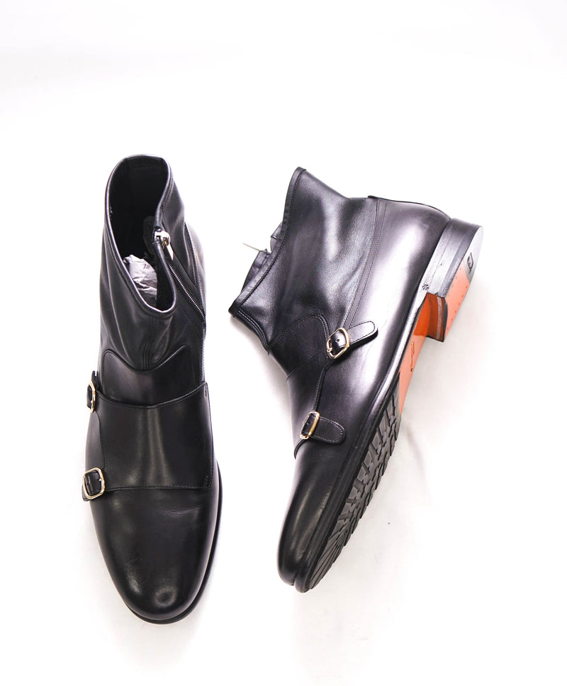 $1,295 SANTONI - Black Almond-Toe Double Monk Zip Boot - 12 US (11 IT)