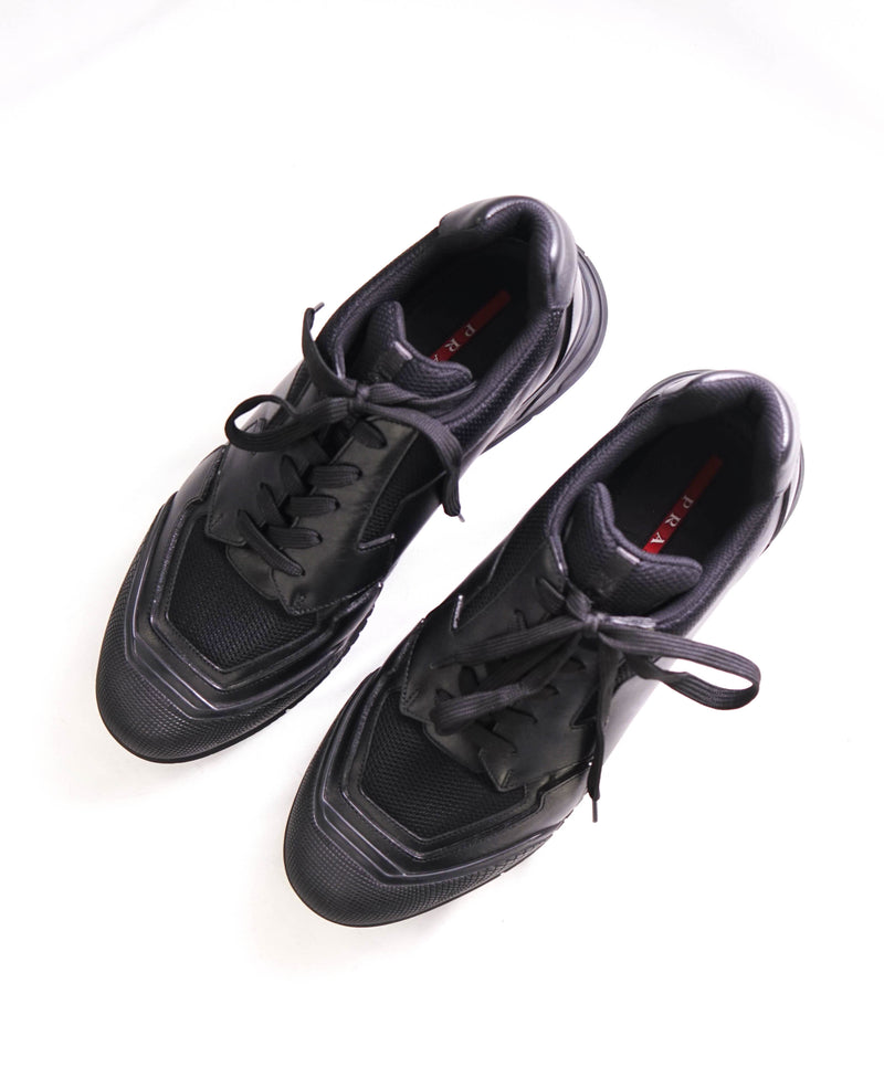 $1,150 PRADA - *Line Rossa* Black Leather Sneakers With Logo Detail - 11 US (10 IT)
