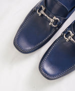 $795 SALVATORE FERRAGAMO - Classic Blue/Green Leather Parigi Slip On Loafers - 9.5 D