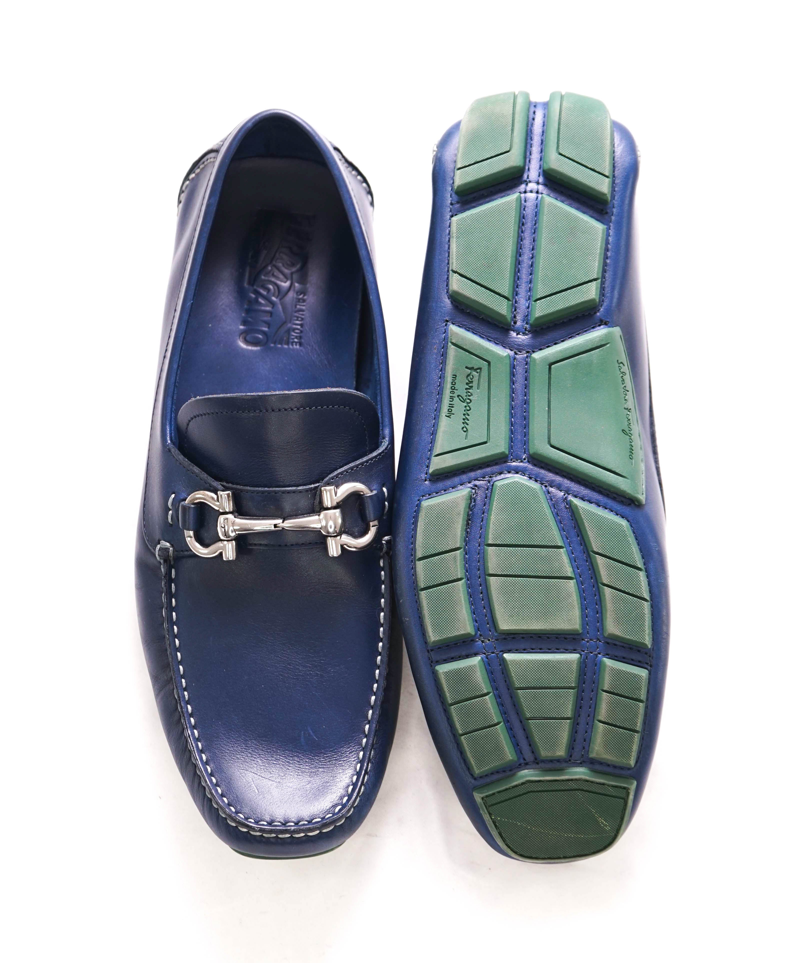$795 SALVATORE FERRAGAMO - Classic Blue/Green Leather Parigi Slip On Loafers - 9.5 D