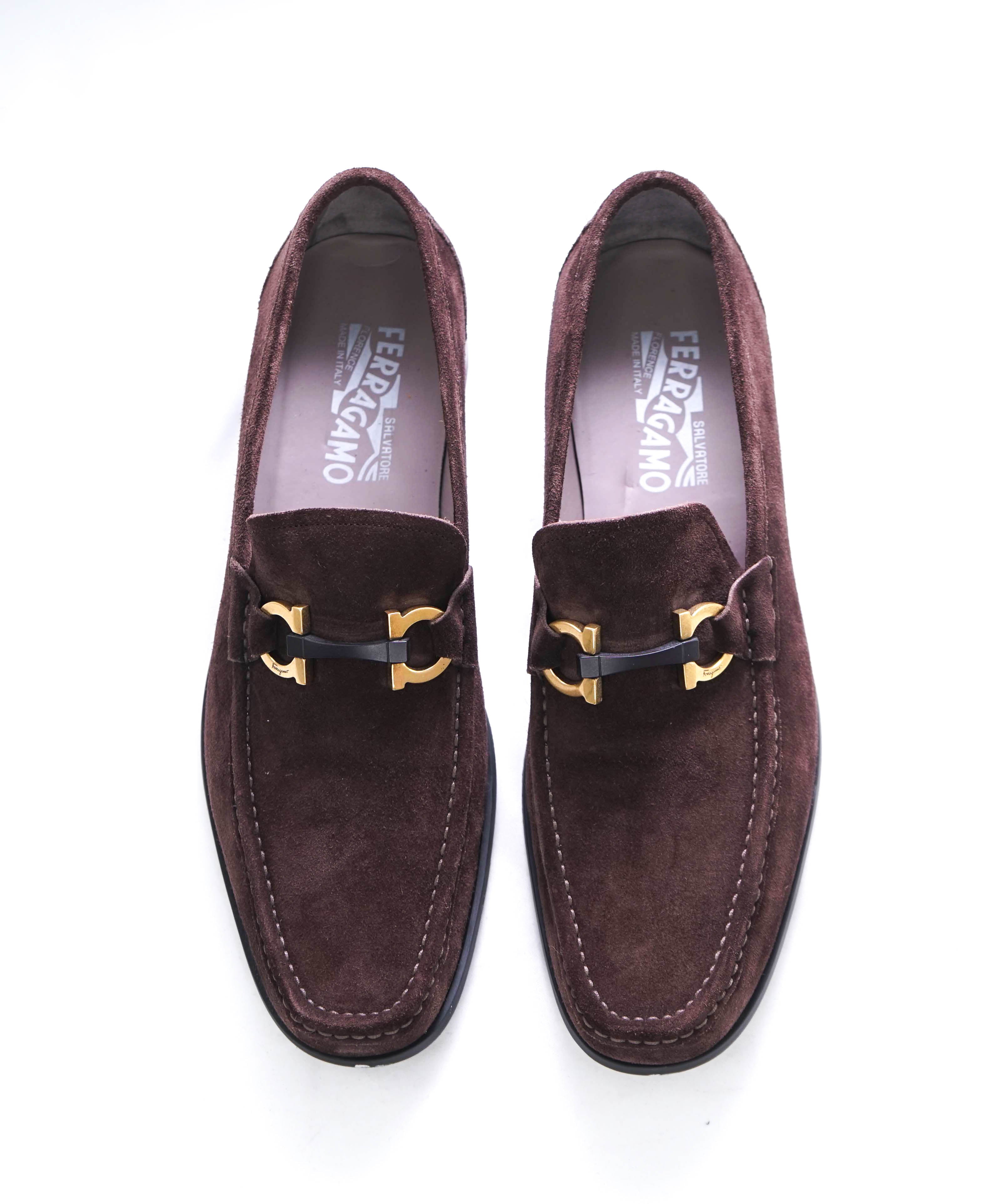 $850 SALVATORE FERRAGAMO - “GRANDIOSO" Gancini Bit Loafer Brown Suede - 10 D