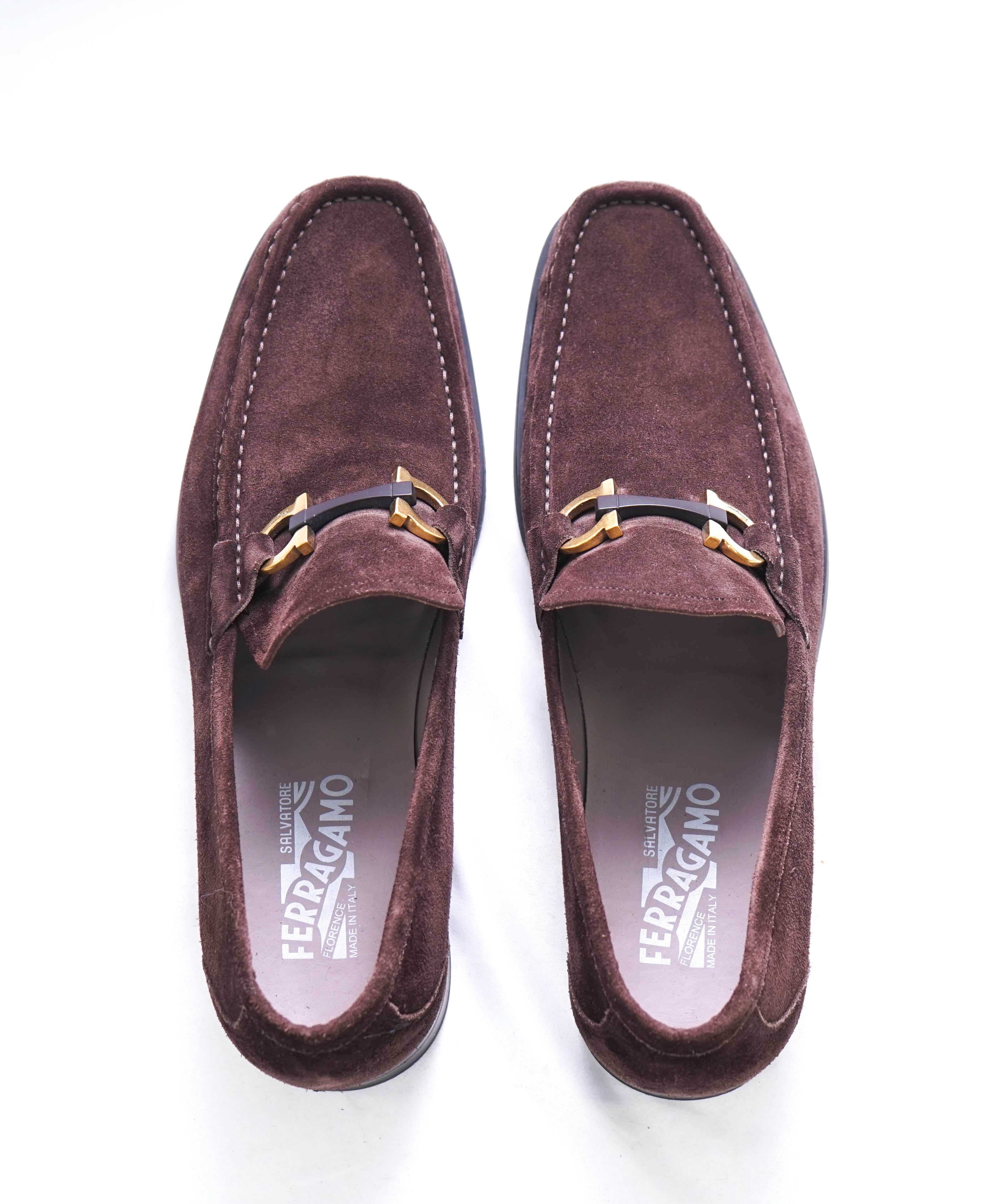 $850 SALVATORE FERRAGAMO - “GRANDIOSO" Gancini Bit Loafer Brown Suede - 10 D