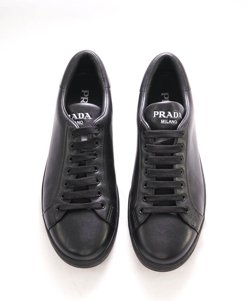 $850 PRADA - Black Leather Sneakers With Logo Detail - 10 US (9 IT)