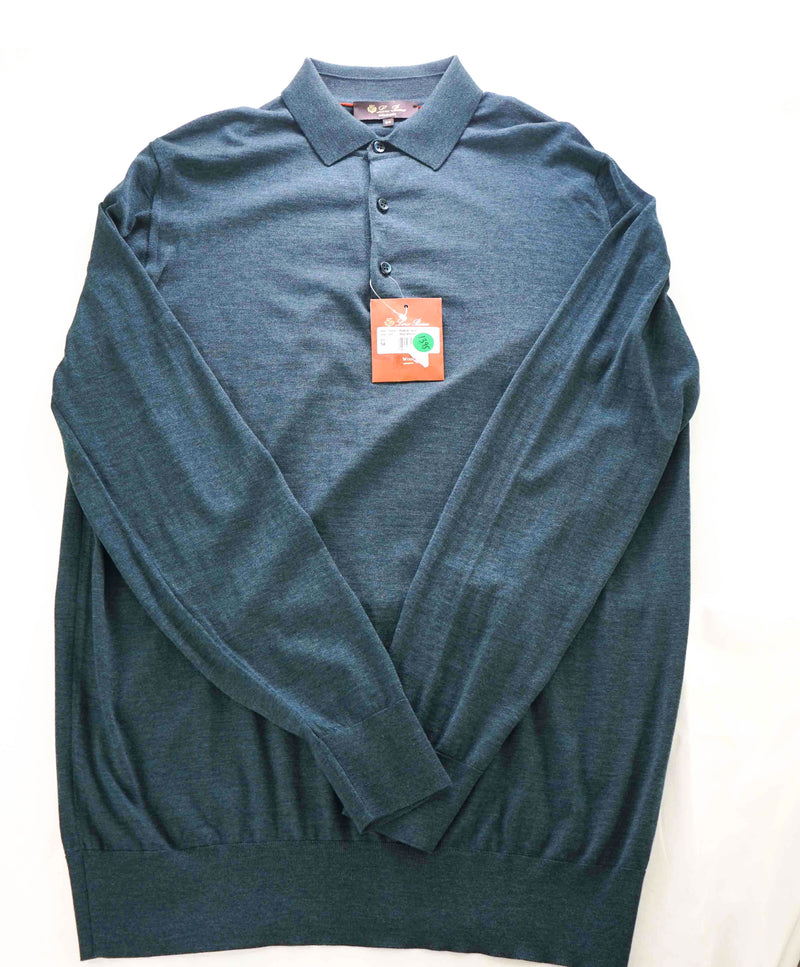 $1,295 LORO PIANA - *WISH* Blue/Green MOP Button Wool Polo Sweater- 54 (XL)