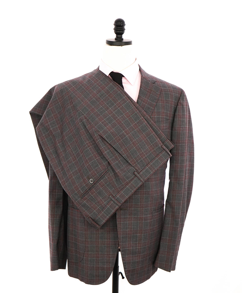 $4,750 ISAIA - Gray / Red Unique Plaid Check Wool Suit - 46R