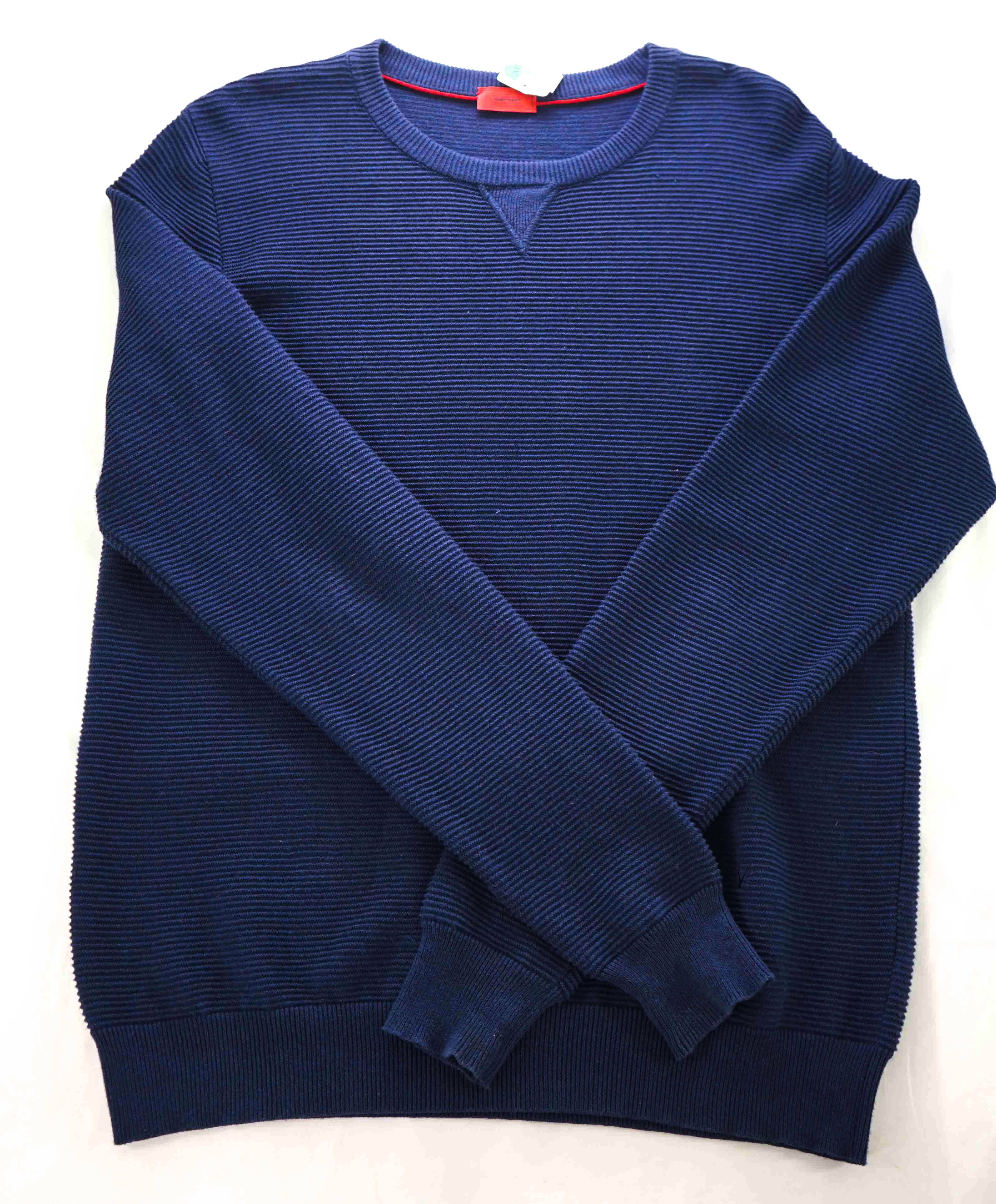 $595 ISAIA - Ribbed Blue Cotton LOGO Crewneck Sweater - S