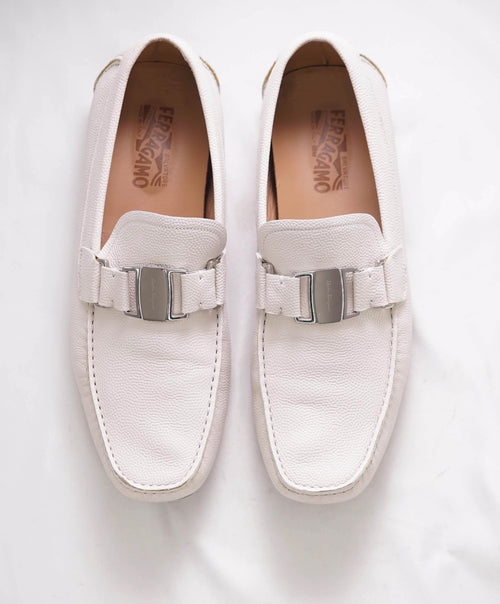 SALVATORE FERRAGAMO - “Sardegna"White pebbled Leather Iconic Loafers - 10 EE