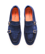 SANTONI - Blue Suede / Gold Monk Strap Venetian Loafers - 10 US (9IT)