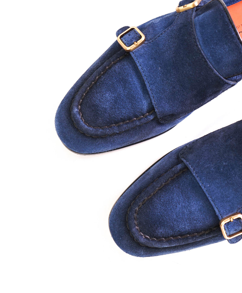 SANTONI - Blue Suede / Gold Monk Strap Venetian Loafers - 10 US (9IT)