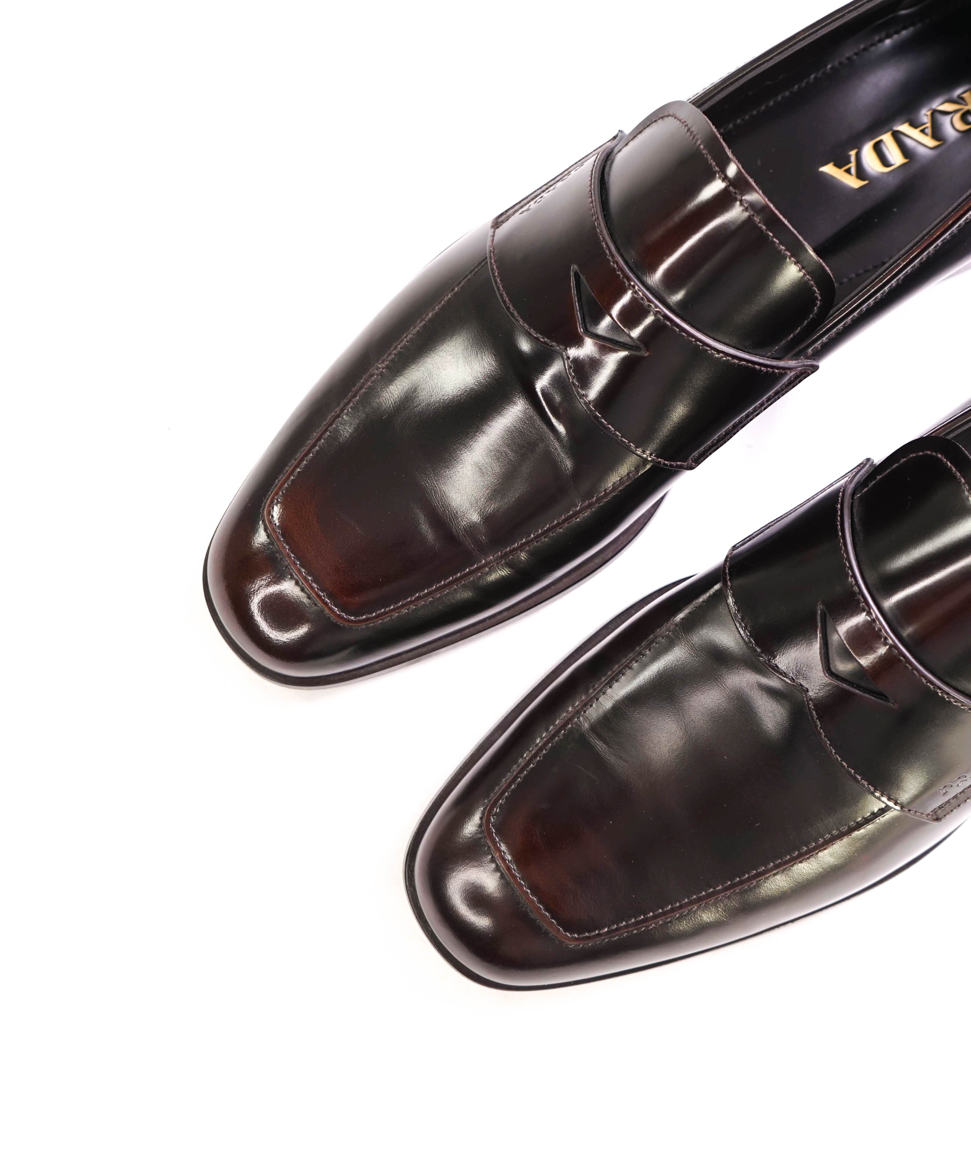 $950 PRADA - Brown Ombre Antiqued Patent Leather LOGO Loafers - 10 US (9 Prada)