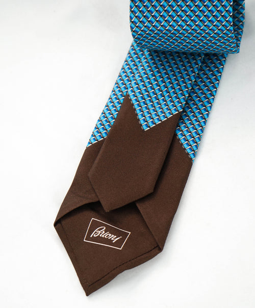 $240 BRIONI - Teal & Brown Geometric SCARF TIPPED 3.25" - Tie