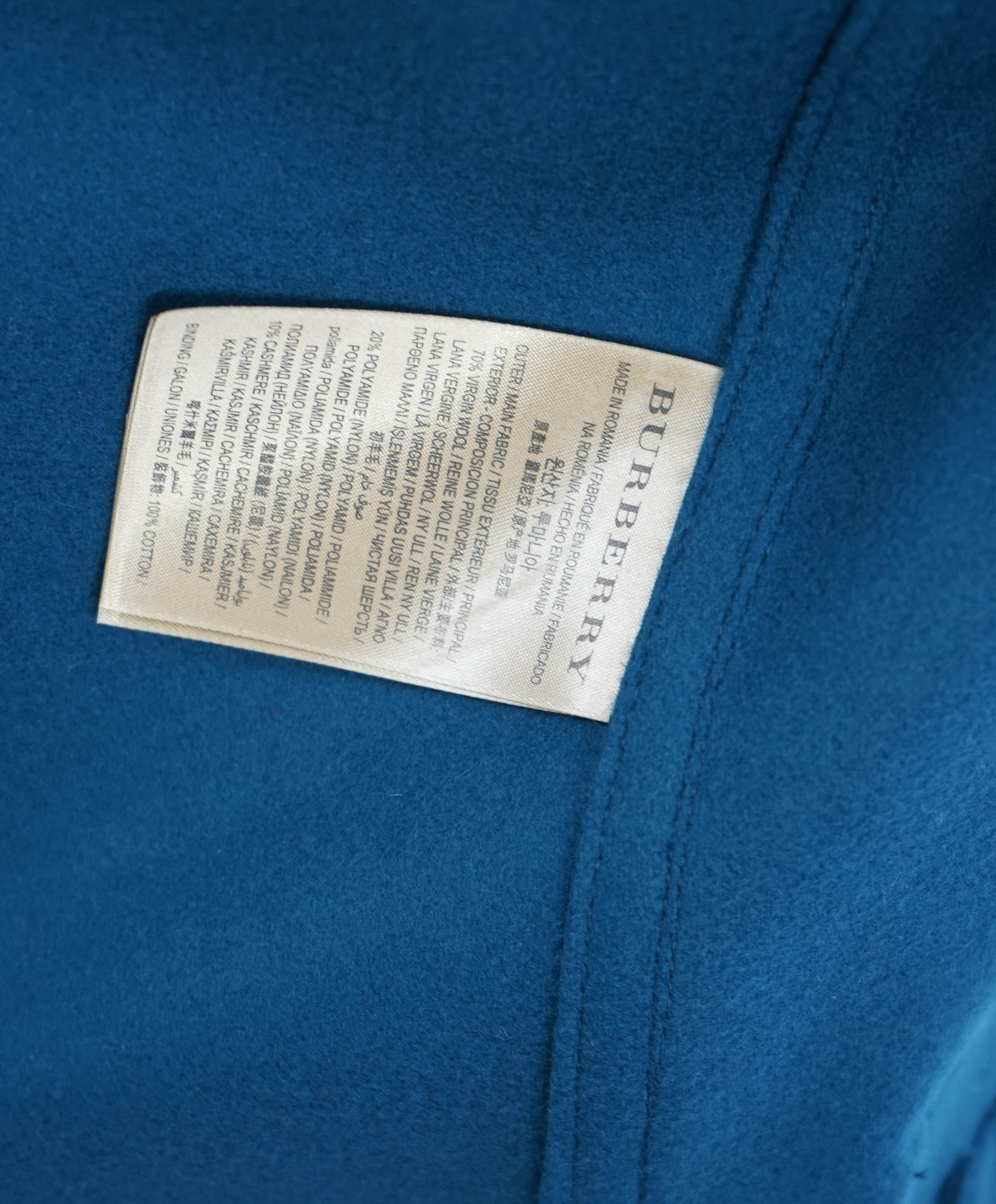 BURBERRY - CASHMERE/WOOL Blend Engraved Toggle Blue Coat - M
