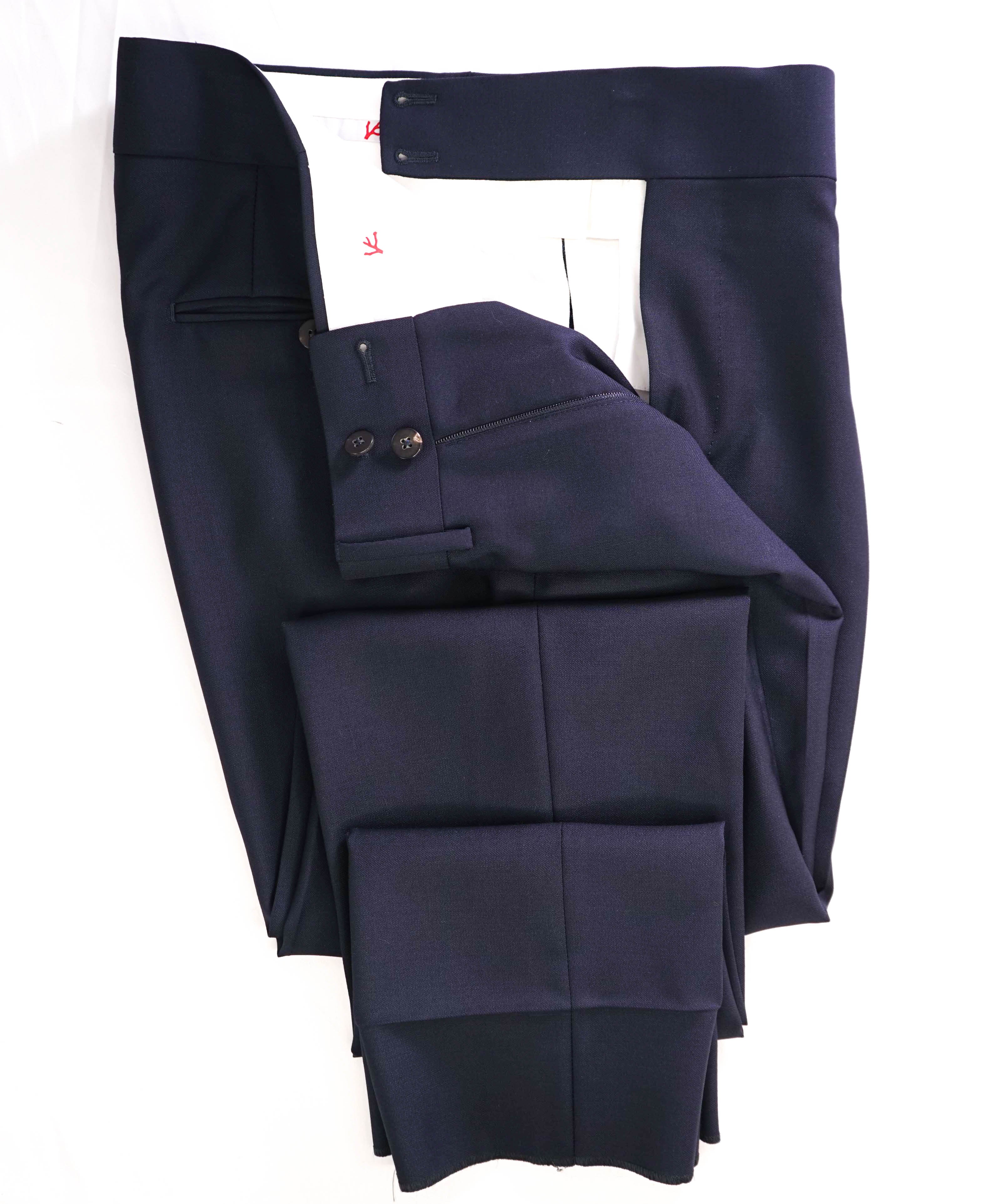 $995 ISAIA Solid Navy "SIDE TABS" Neapolitan Flat Front Dress Pants CUSTOM 1/1 - 32W